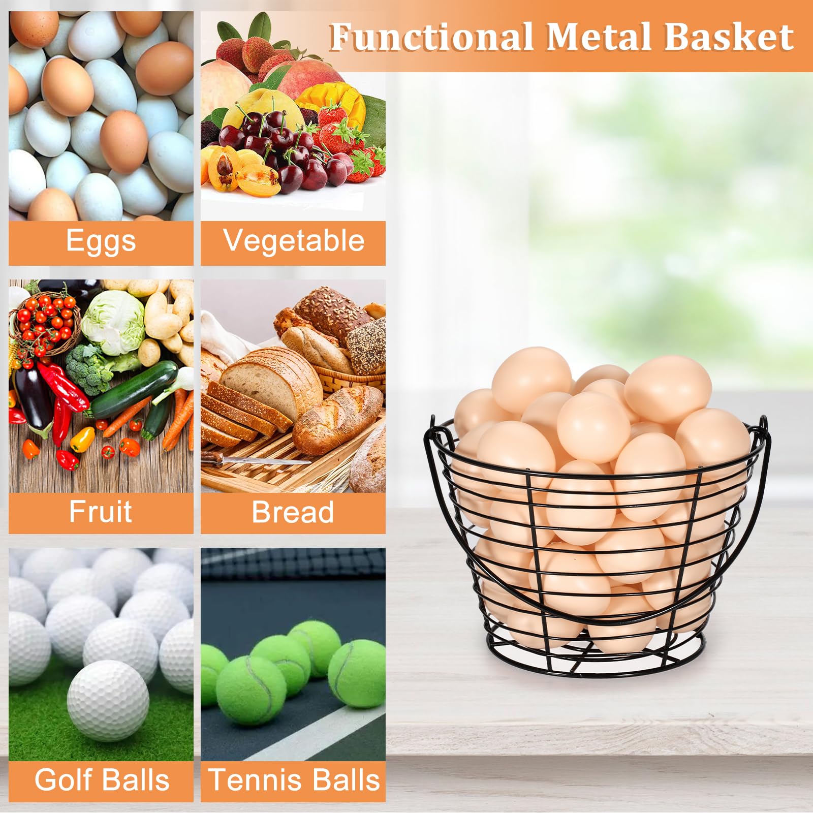 3-Pack 8-Inch Black Round Wire Egg Baskets with Handle - Small Metal Egg Collecting Basket for Chicken & Duck Eggs - Rustic Farmhouse Egg Holder for Kitchen Countertop, Farm, or Farmers Market Display