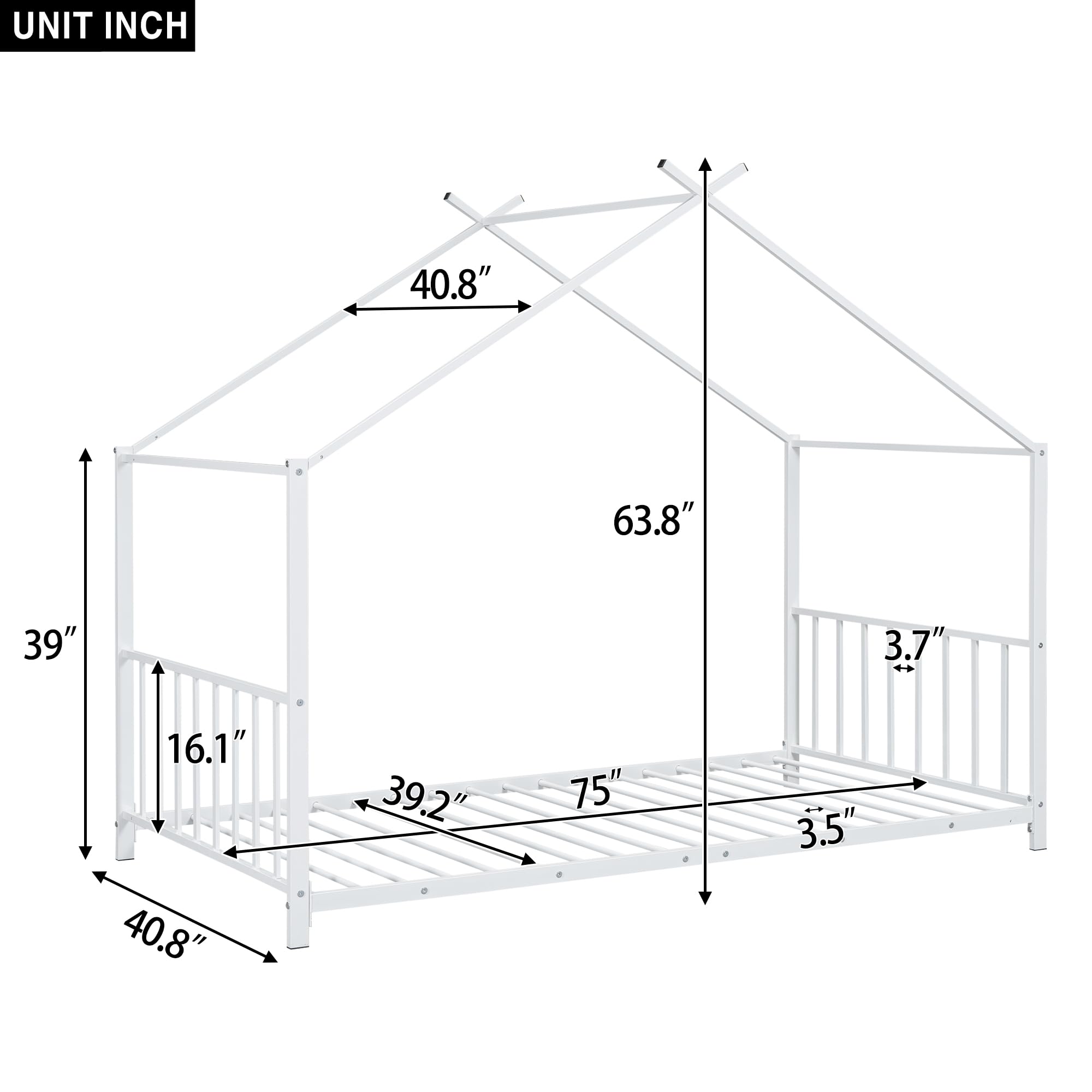 Montessori Twin Size Floor Bed for Kids - Sturdy Metal Frame with High Headboard & Roof - House Bed for Boys & Girls (White) - Perfect for Playrooms, Bedrooms & Montessori Learning Spaces