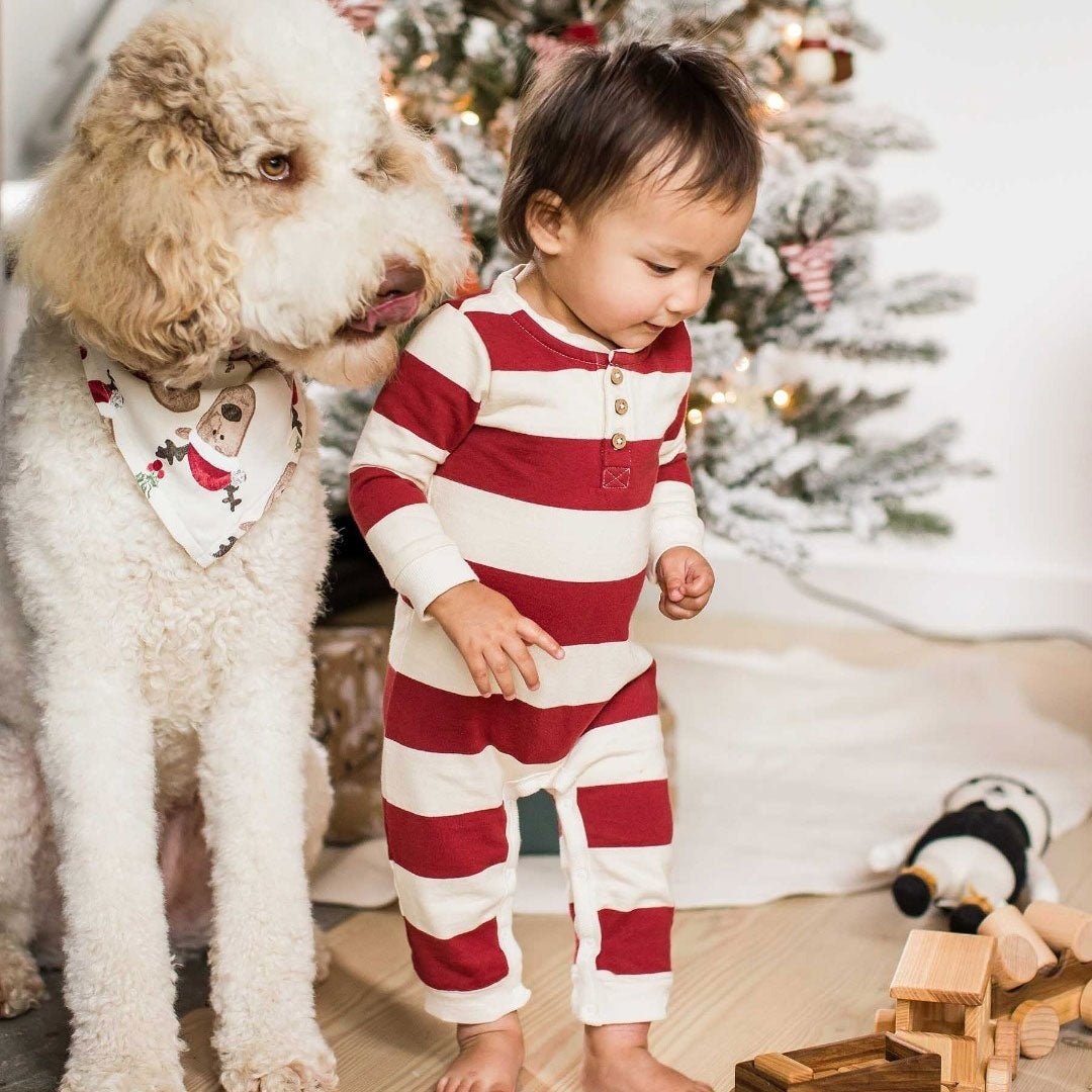Stylish Henley Jumpsuit with Holiday Stripes in Redwood - Perfect for Christmas Parties & Festive Gatherings