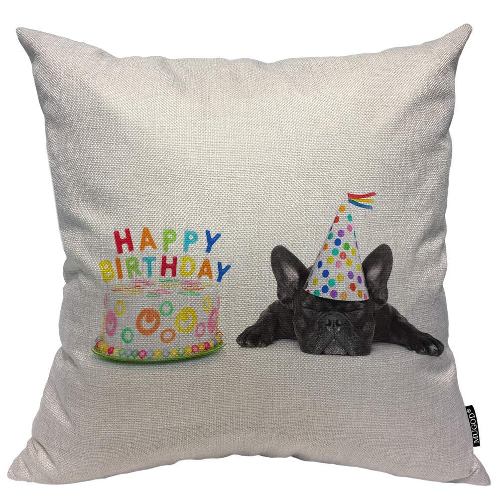 French Bulldog Decorative Pillow Cover - Cute Birthday Party Design with Cake, Candles & Hat (20x20 Inch) | Cotton Linen Square Throw Pillow Case for Couch, Bed, Sofa | Perfect for Home Decor, Living Room Accents & Pet Lover Gifts