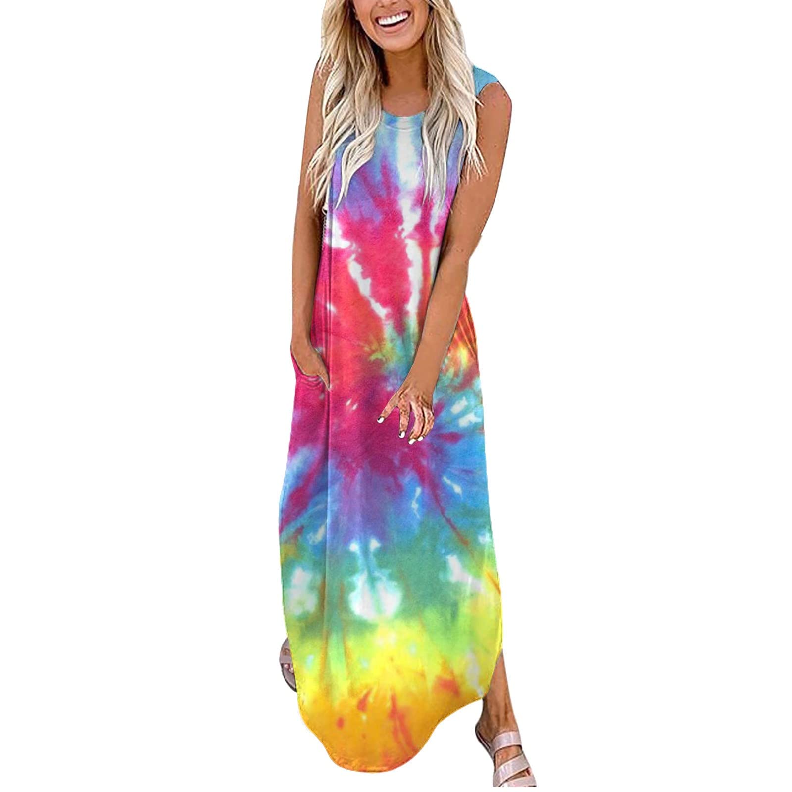 Women's Floral Print Beach Sundress - Casual Summer Dress with Round Neck & Pockets | Perfect for Vacations, Pool Parties & Tropical Getaways