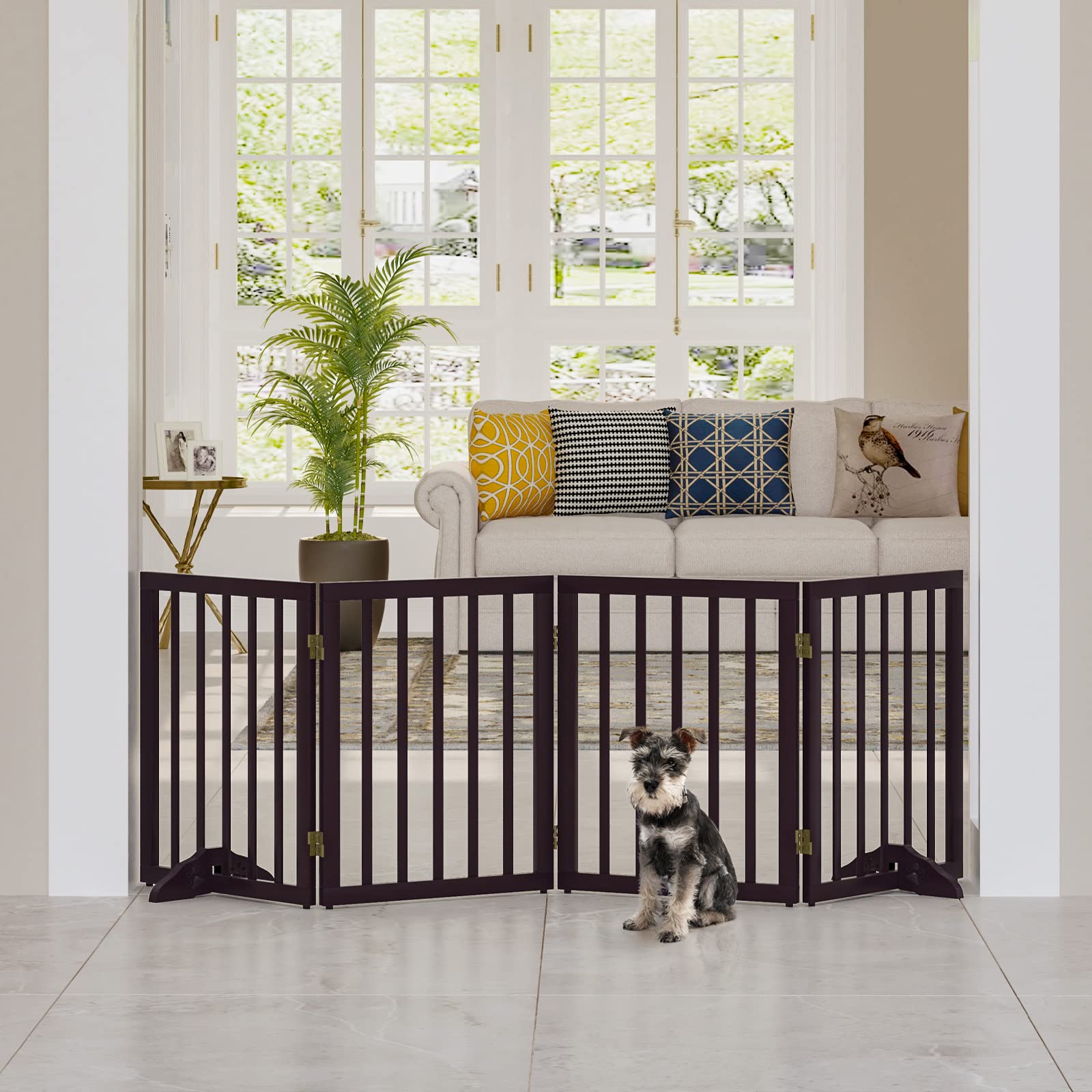 Free-Standing Wooden Pet Gate for Dogs - 24 Inch Wide Foldable Indoor Safety Barrier with 4 Panels & Support Feet - Perfect for Doorways, House Use, Puppy Playpen & Doggie Containment
