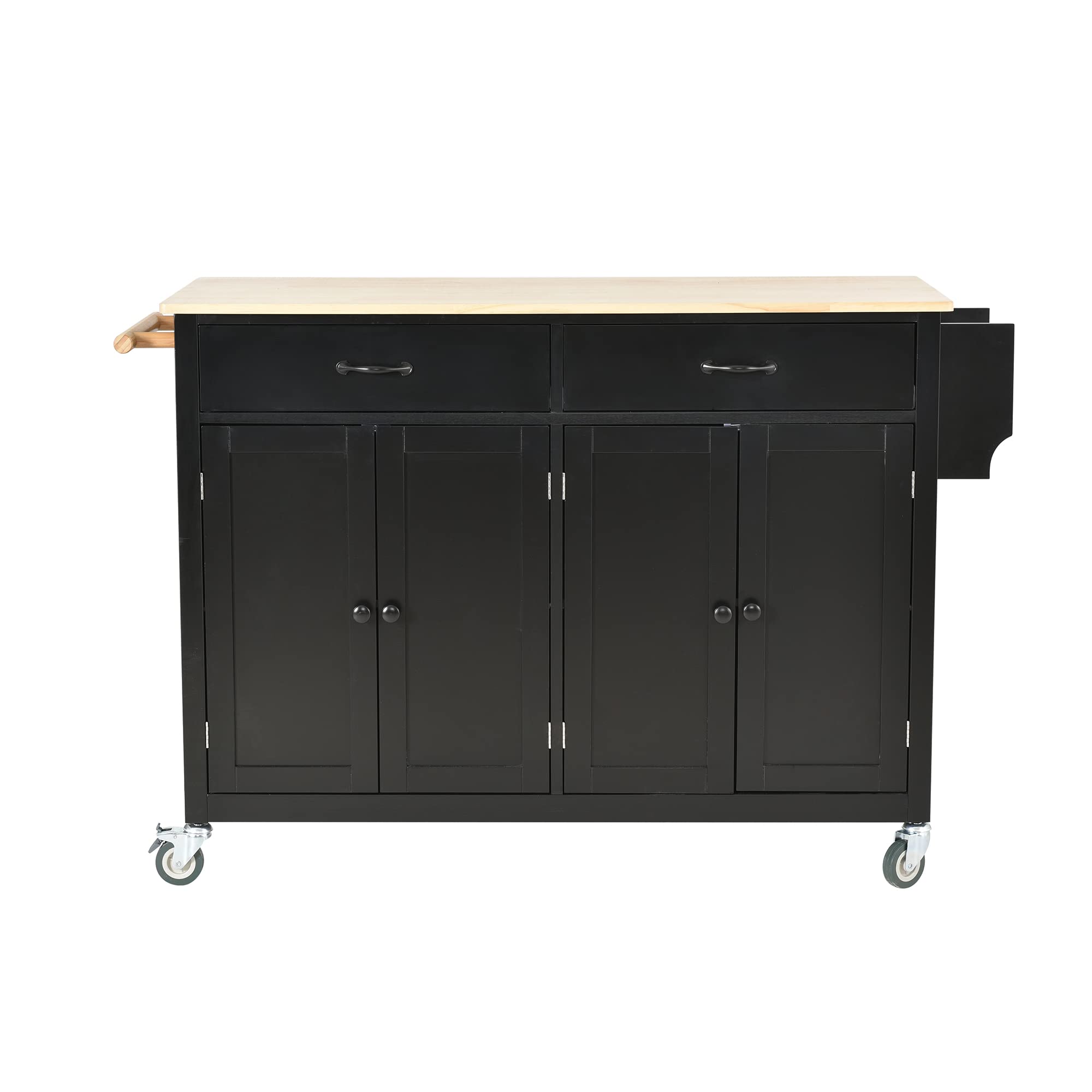 Premium Kitchen Island Cart with Storage - Solid Wood Countertop, 4-Door Cabinet & 2 Drawers, Towel Rack & Spice Rack - Mobile Kitchen Trolley with Wheels (Black) - Perfect for Small Kitchens, Food Prep, and Extra Counter Space