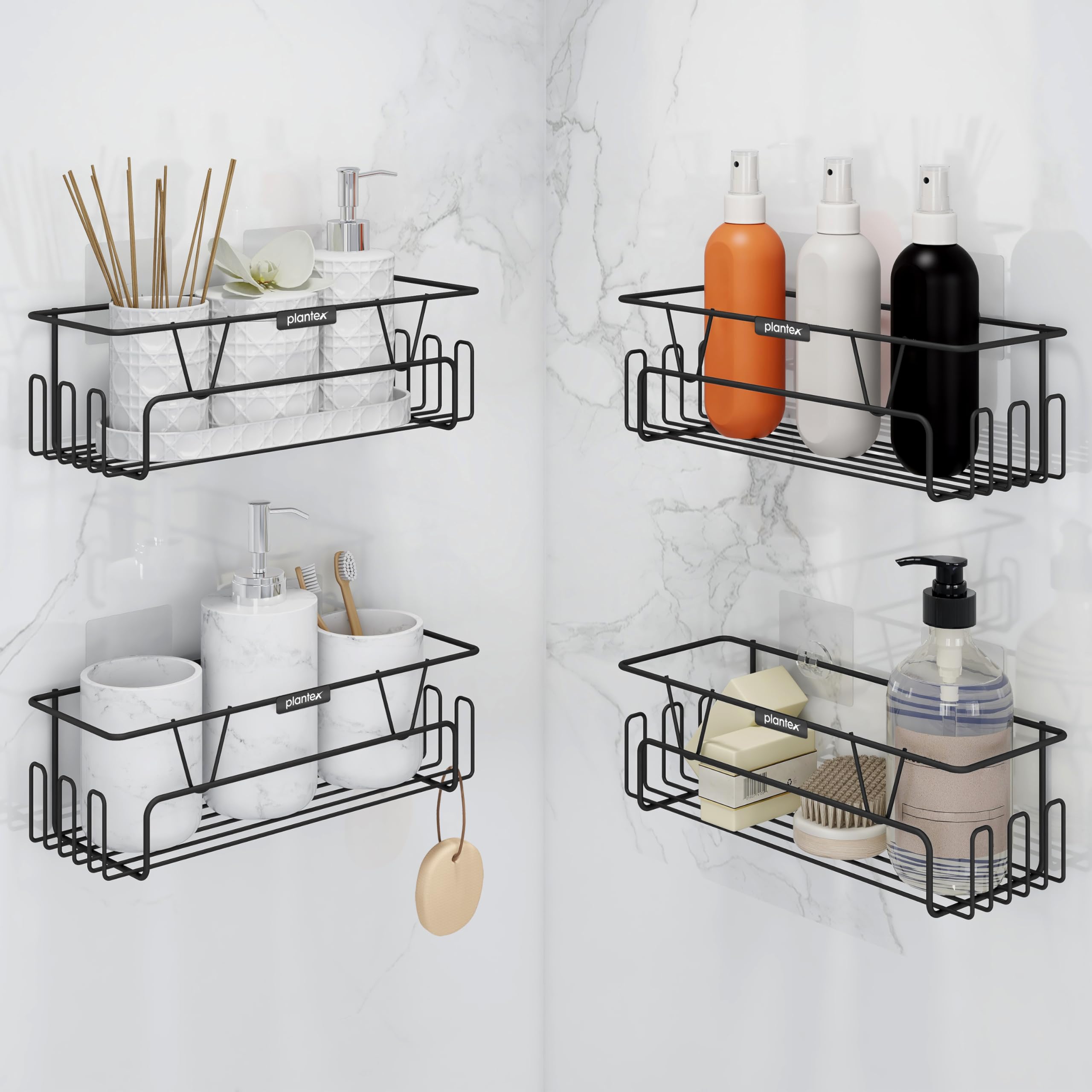 Plantex GI Steel Bathroom Shelf with Self-Adhesive Mounting, No Drilling Needed - Includes Side Hooks & Magic Stickers, Powder Coated Black (4-Pack) - Perfect for Small Bathrooms, Showers & Apartments