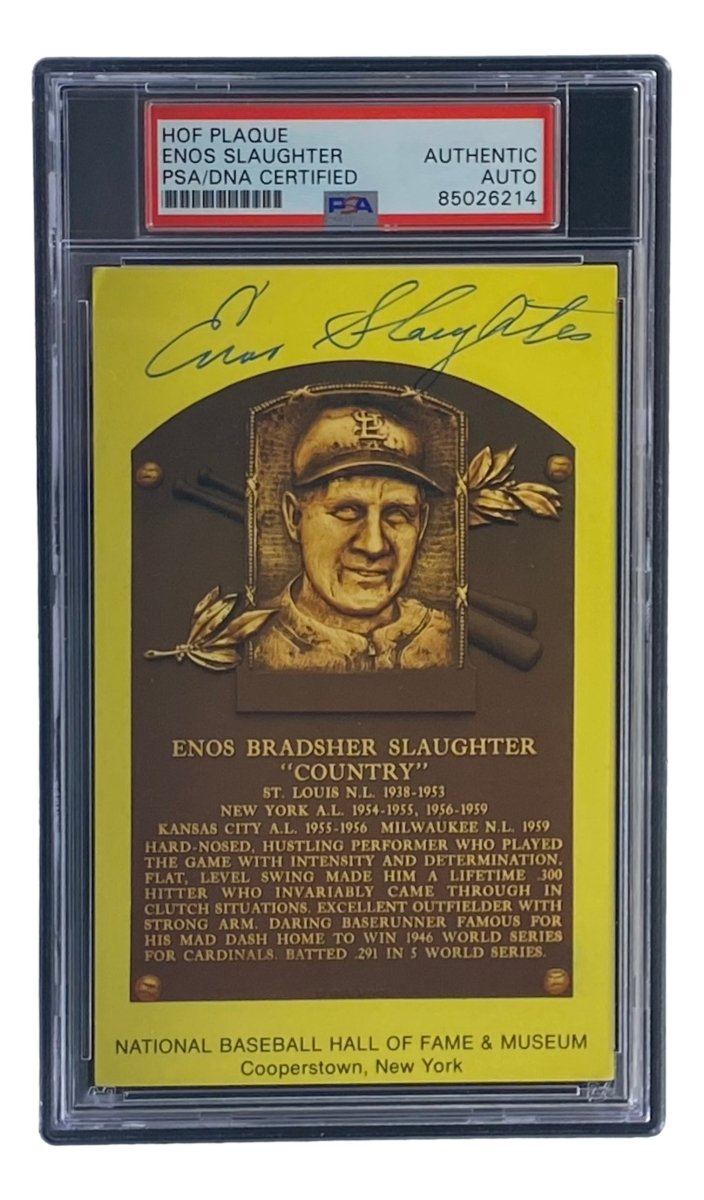Authentic Enos Slaughter Signed 4x6 St Louis Cardinals HOF Plaque Card with PSA/DNA Certification #850262826 - Perfect for Baseball Memorabilia Collectors and Cardinals Fans Display