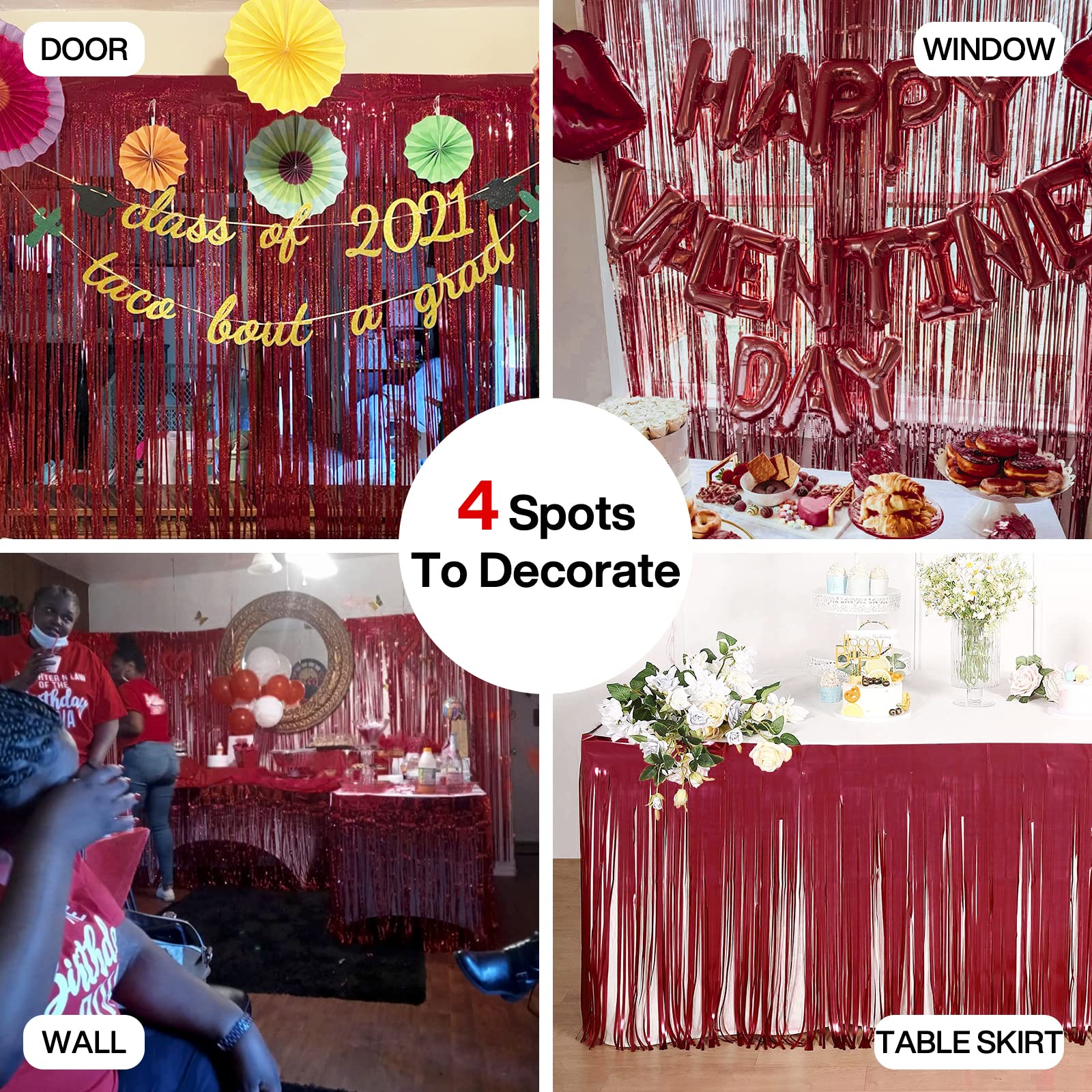 PartyWoo Retro Red Foil Curtains - 2 Pack 3.3x6.6 ft Dark Red Fringe Backdrop for Birthday, Christmas & Holiday Decorations | Shimmering Tinsel Door Decor, Photo Booth Background, Wedding & Party Streamers