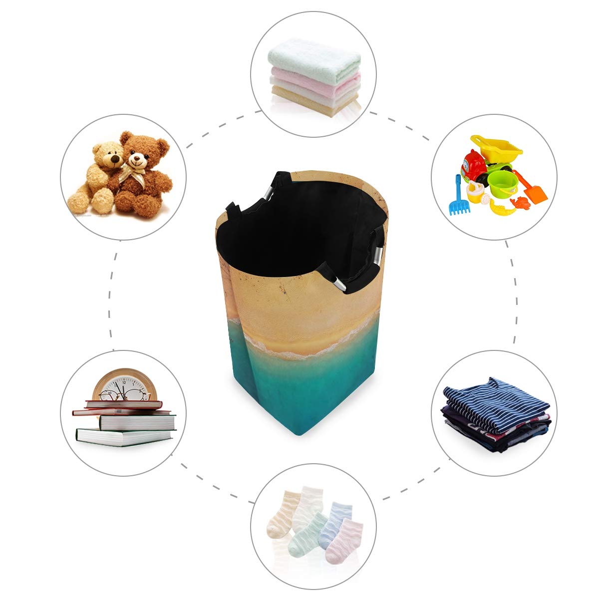 AUUXVA Large Collapsible Laundry Basket with Handles - Ocean Beach Themed Storage Hamper for Clothes & Toys - Perfect for Bathroom, Bedroom, Office & Dorm Organization