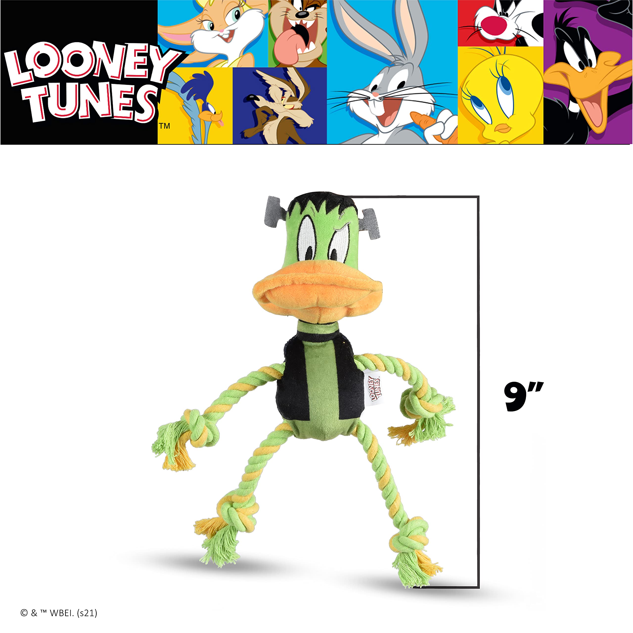 Looney Tunes Daffy Duck Plush Frankenstein Halloween Rope Pull Dog Toy - 9 Inch Squeaky Chew Toy for Small & Medium Dogs | Interactive Play, Training Reward & Halloween Pet Costume Accessory (FF16975)