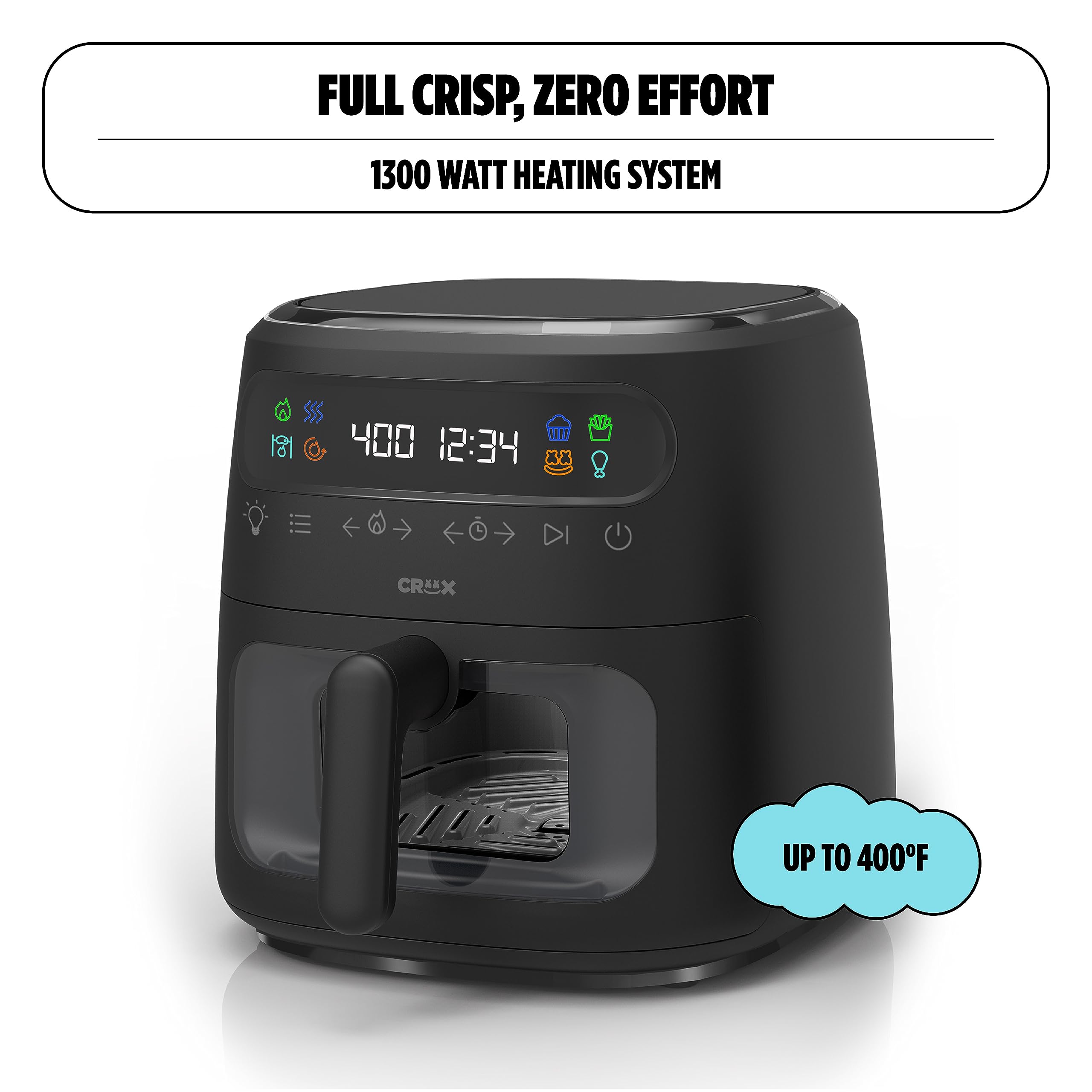 CRUX x Marshmello 8.0 QT Digital Air Fryer with TurboCrisp Technology - Touch Screen Controls, Timer, Auto Shut-off - Fully Programmable Air Fryer with Silicone Liner (Black) - Perfect for Family Cooking, Healthy Meals & Quick Snacks