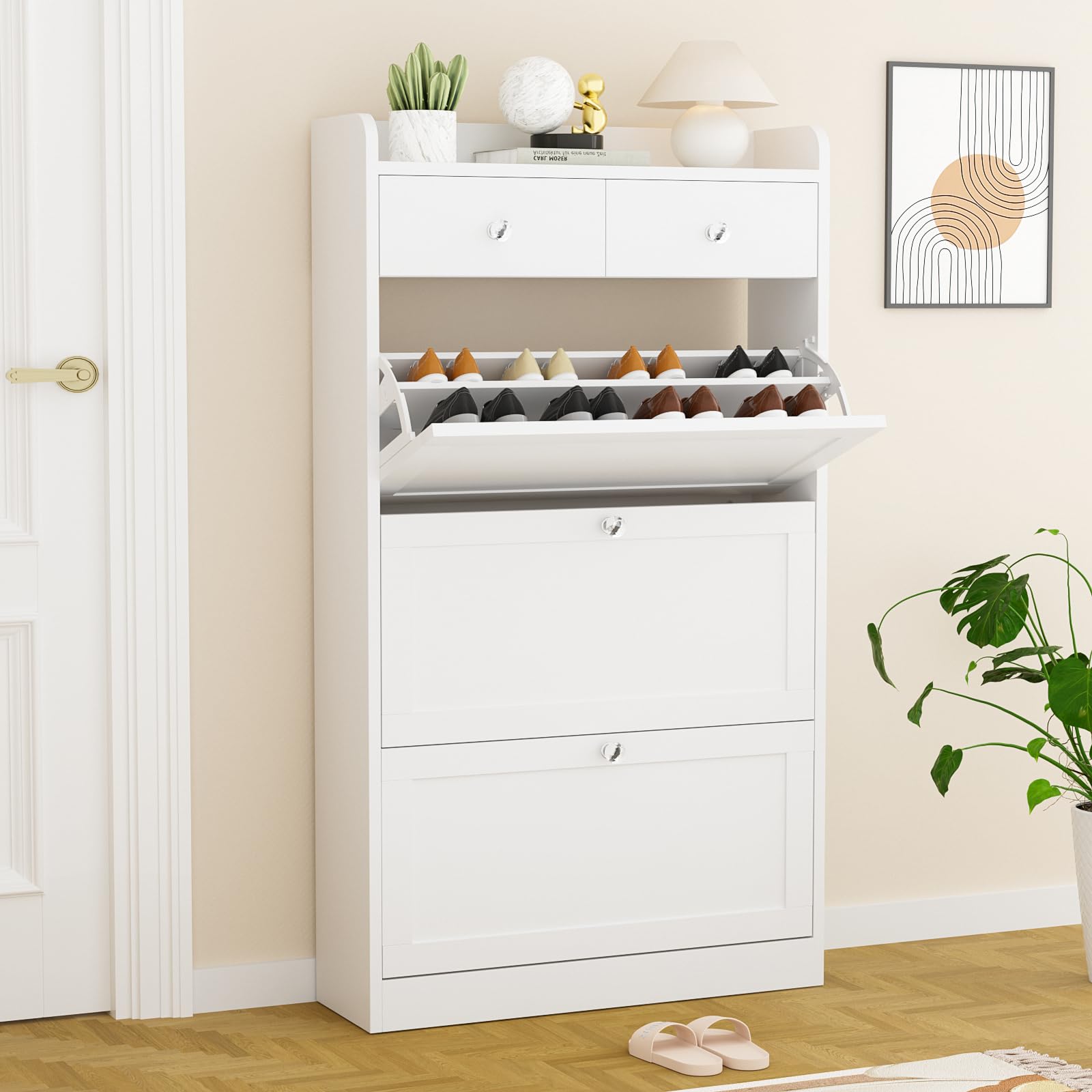 VOWNER 3-Tier Shoe Storage Cabinet with Flip Drawers & Adjustable Shelves - Freestanding Entryway Organizer for Shoes, Boots & Accessories - Perfect for Hallway, Living Room & Closet Organization (White)