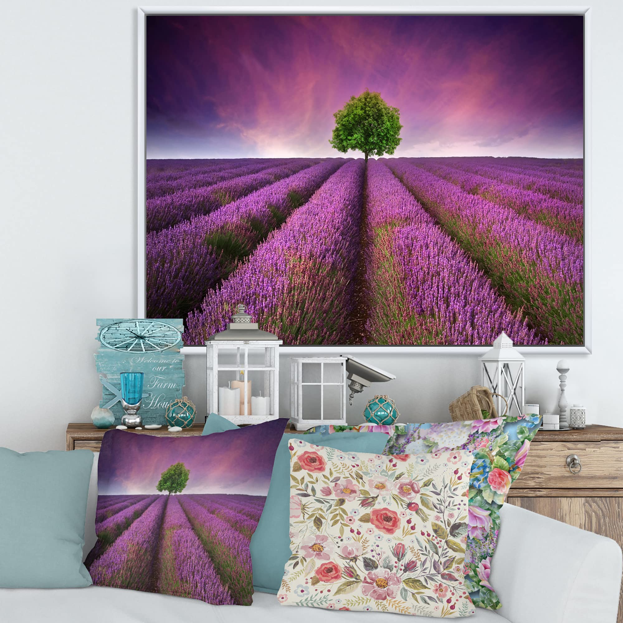DesignQ Stunning Lavender Field Summer Sunset With Tree - Farmhouse Framed Canvas Wall Art Print for Living Room, Bedroom & Office Decor | Nature Landscape Painting Home Decoration