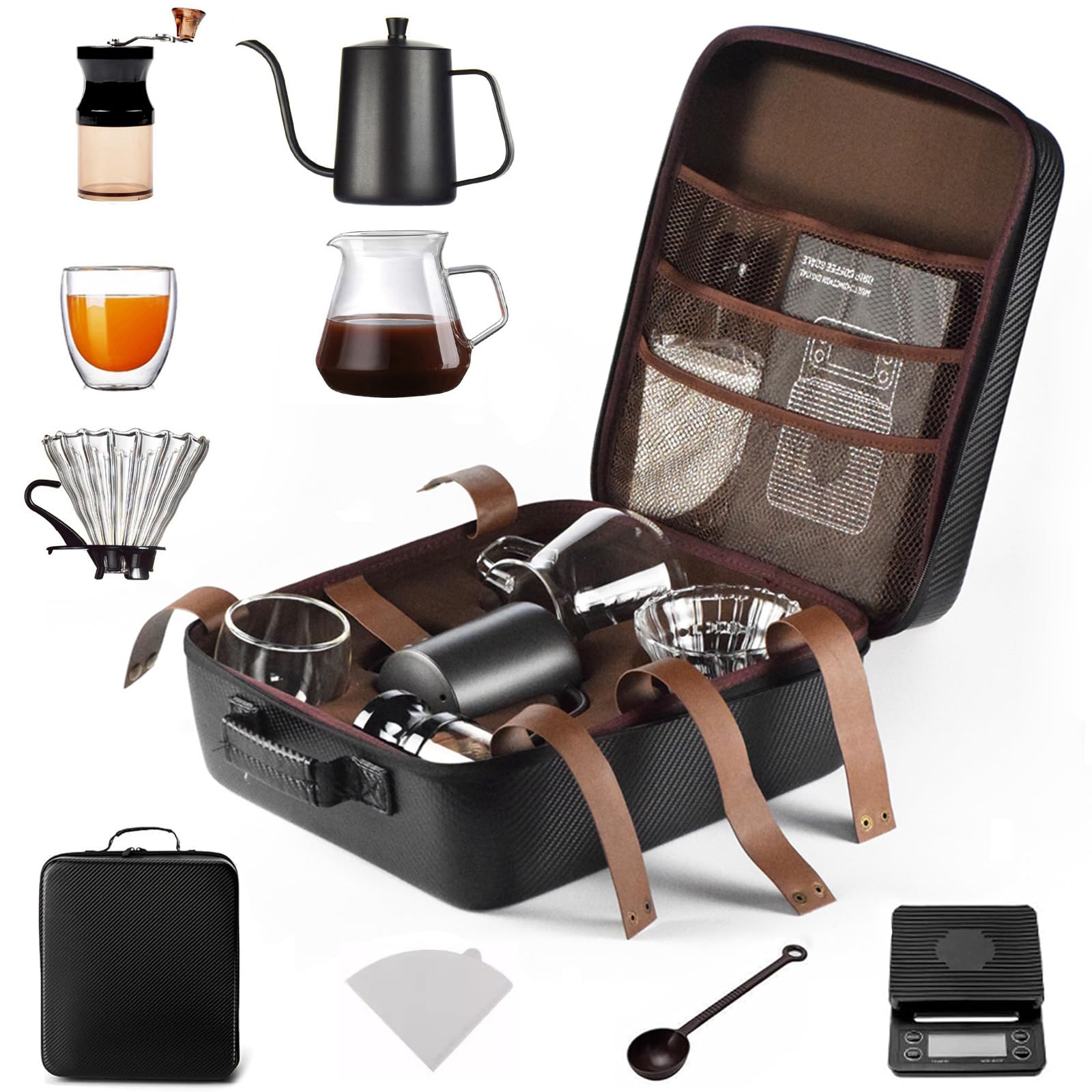 Premium Pour Over Coffee Maker Set - Stainless Steel Manual Coffee Grinder, Glass Dripper & Travel Bag - All-in-1 Portable Camping Coffee Kit for Outdoor Adventures, Home Brewing & Perfect Gifts for Coffee Lovers