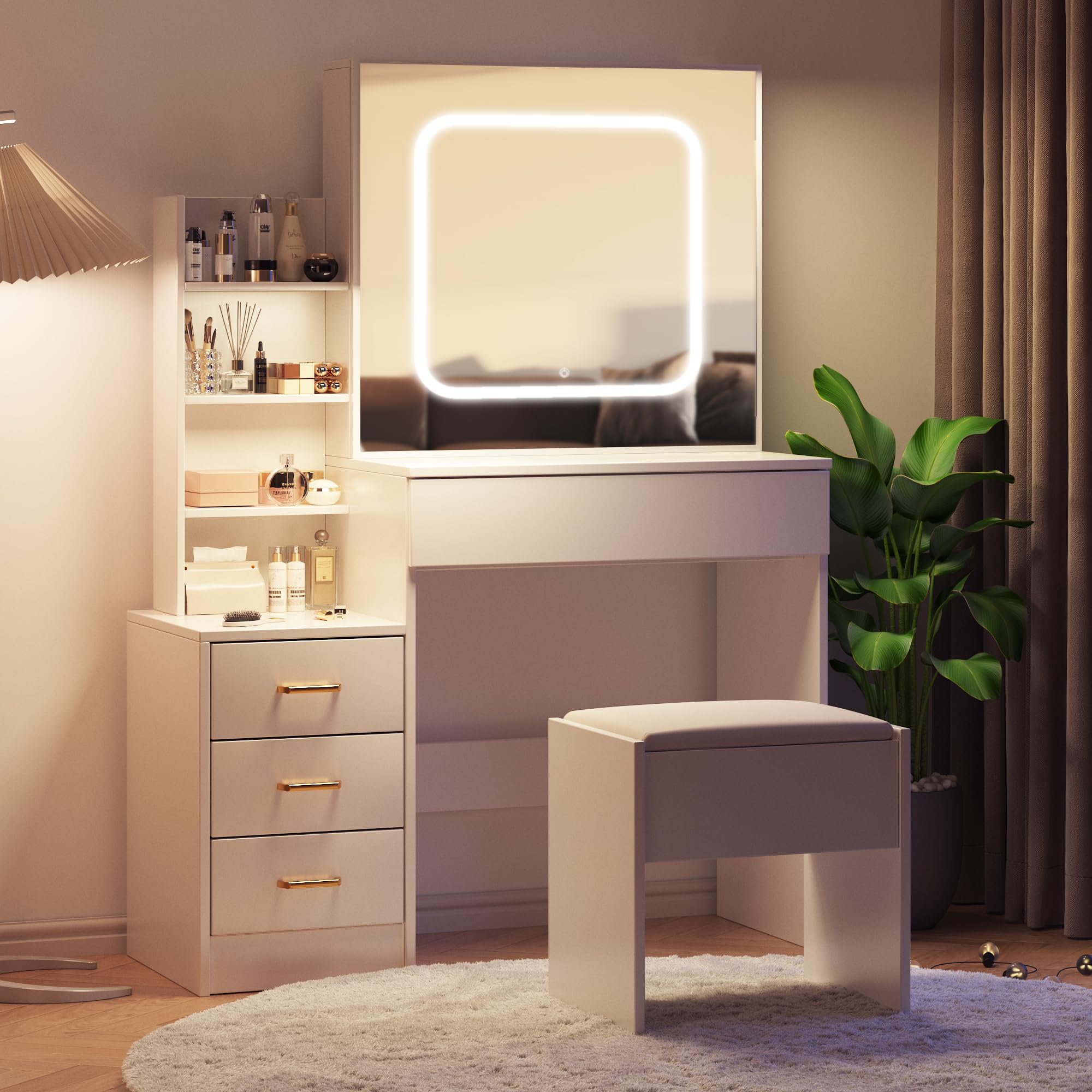 Vanity Desk with LED Lights & Mirror, Makeup Dressing Table with Sliding Lighted Mirror, Power Outlet, 4 Drawers & Storage Shelves, Includes Cushioned Stool - Perfect for Bedroom, Home Salon & Beauty Room (White)