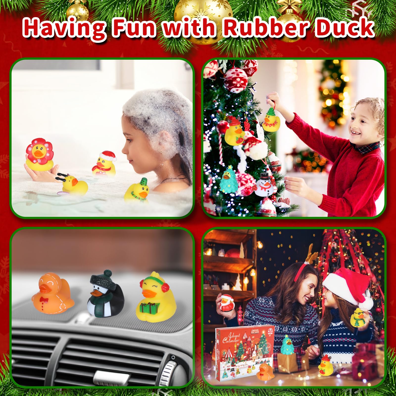 24-Piece Christmas Rubber Ducks Advent Calendar - Fun Holiday Bath Toys for Toddlers & Kids | Perfect for Jeep Ducking, Stocking Stuffers, Party Favors & Xmas Gifts | Great for Bath Time, Christmas Countdown & Surprise Gift Exchanges