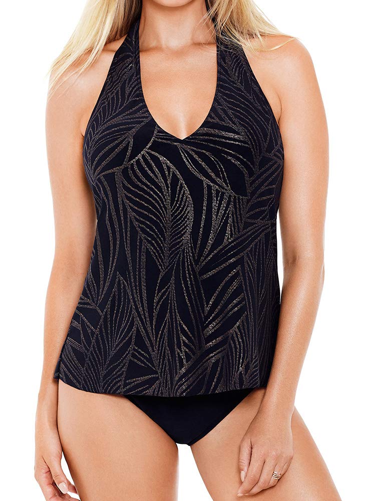 Magicsuit Women's Gold Leaf Trish Halter Tie Soft Cup High Low Hem Tankini Top - Black & Gold Swimsuit for Beach, Pool & Summer Vacations | Size 08