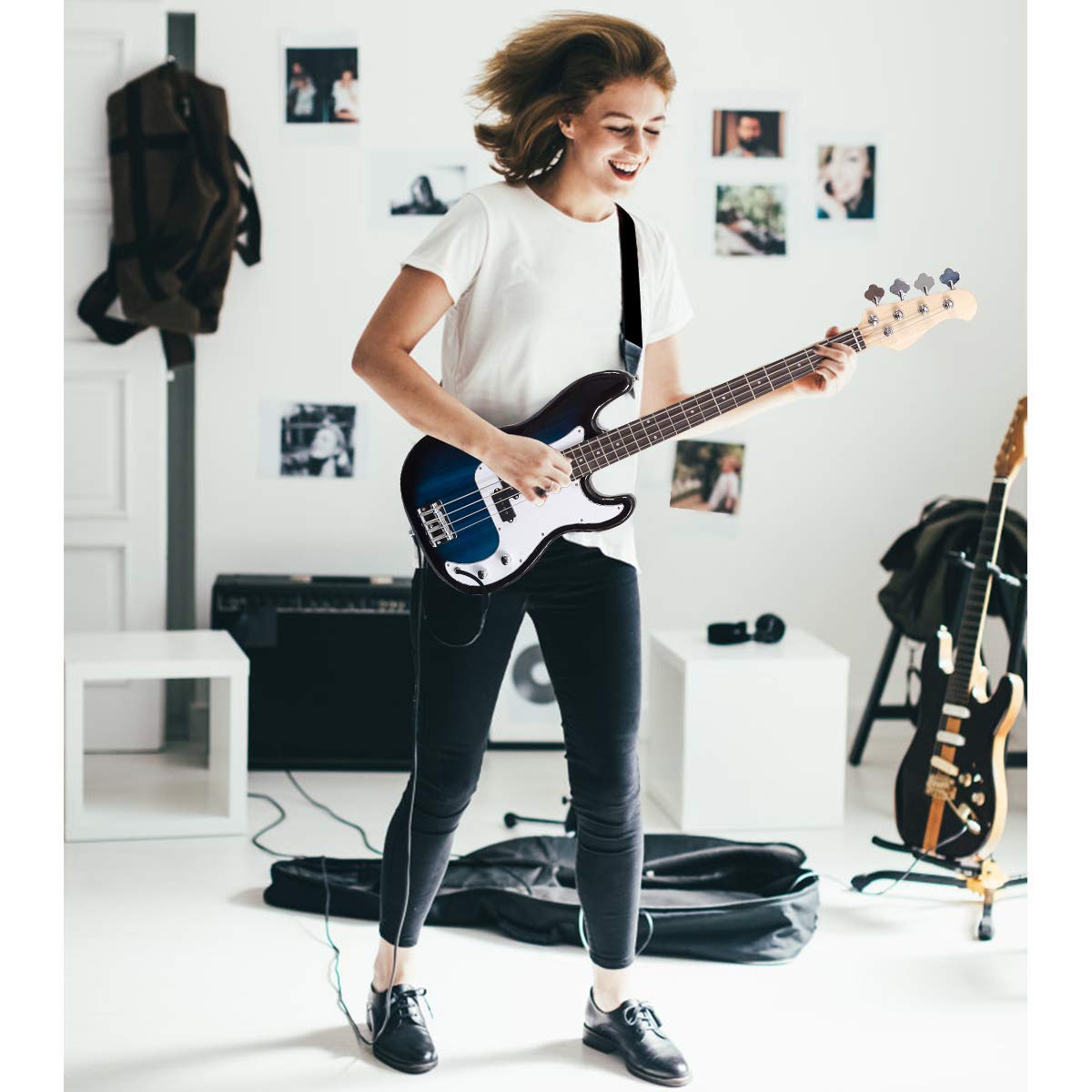**Costzon Full Size Electric 4-String Bass Guitar Kit for Beginners – Rosewood Fingerboard & Bridge, Dual Pickups & Tone Controls, Includes Gig Bag, Strap, Picks, Amp Cable (Blue) – Perfect for Practice, Performances & Recording**