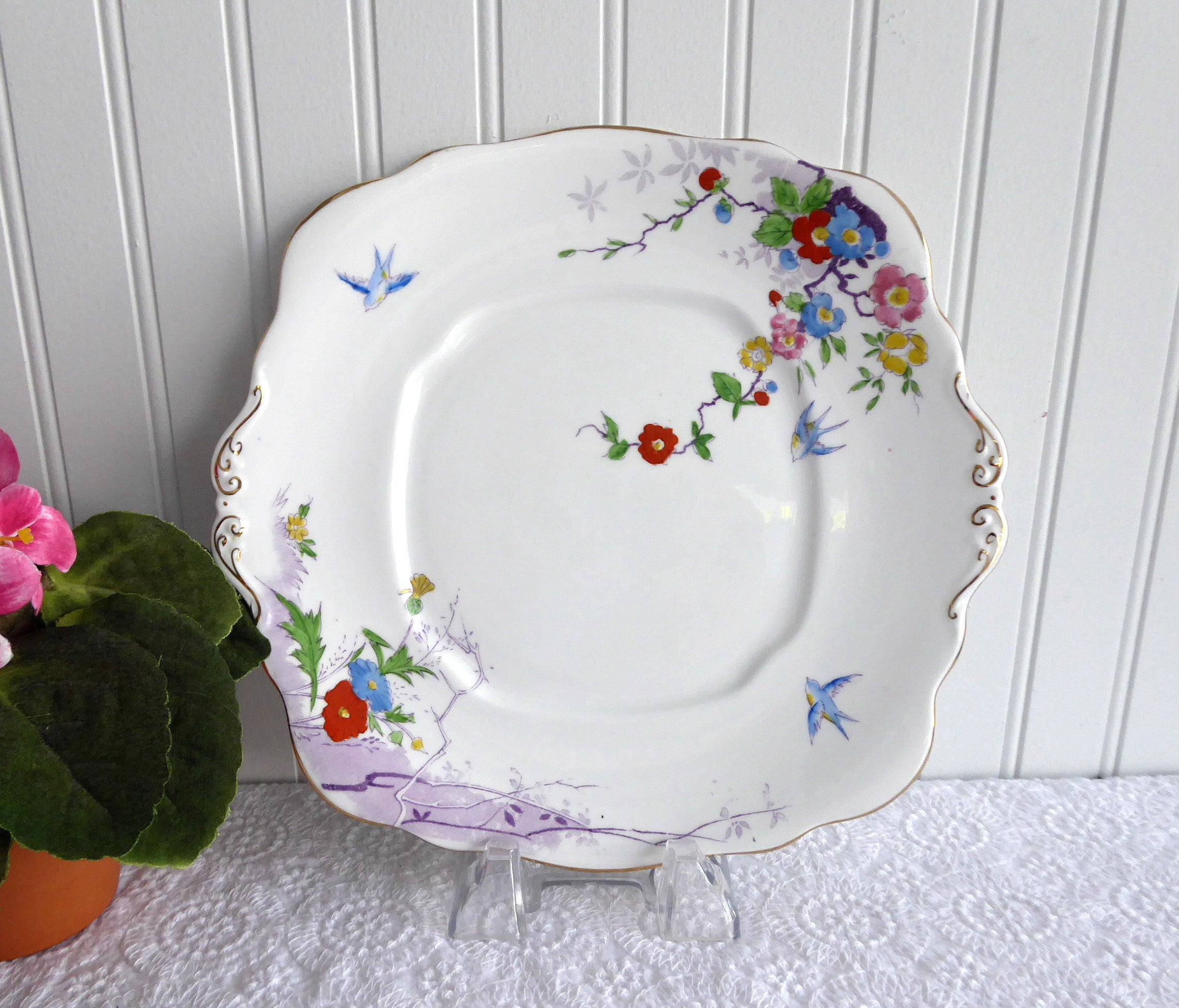 Vintage Royal Albert Art Deco Dovecot Birds Cake Plate - Hand Painted 1930s Porcelain Serving Dish for Afternoon Tea & Dessert Parties