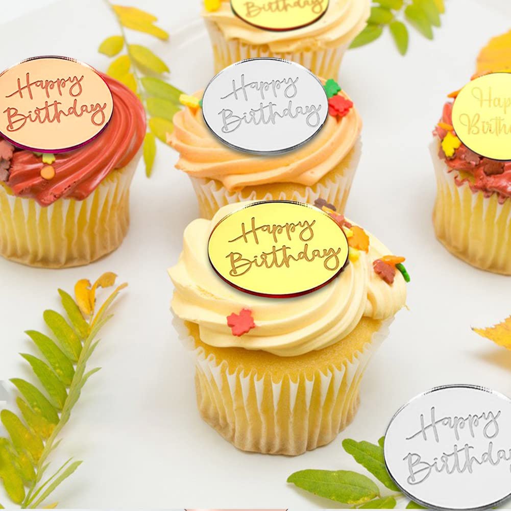 21Pcs Happy Birthday Cake Disc Acrylic Cupcake Toppers Set - Gold Pink Silver Mirror Acrylic Cake Decorations for DIY Birthday Party, Baby Shower & Wedding Celebrations - Perfect for Cupcake, Dessert Table and Cake Decorating