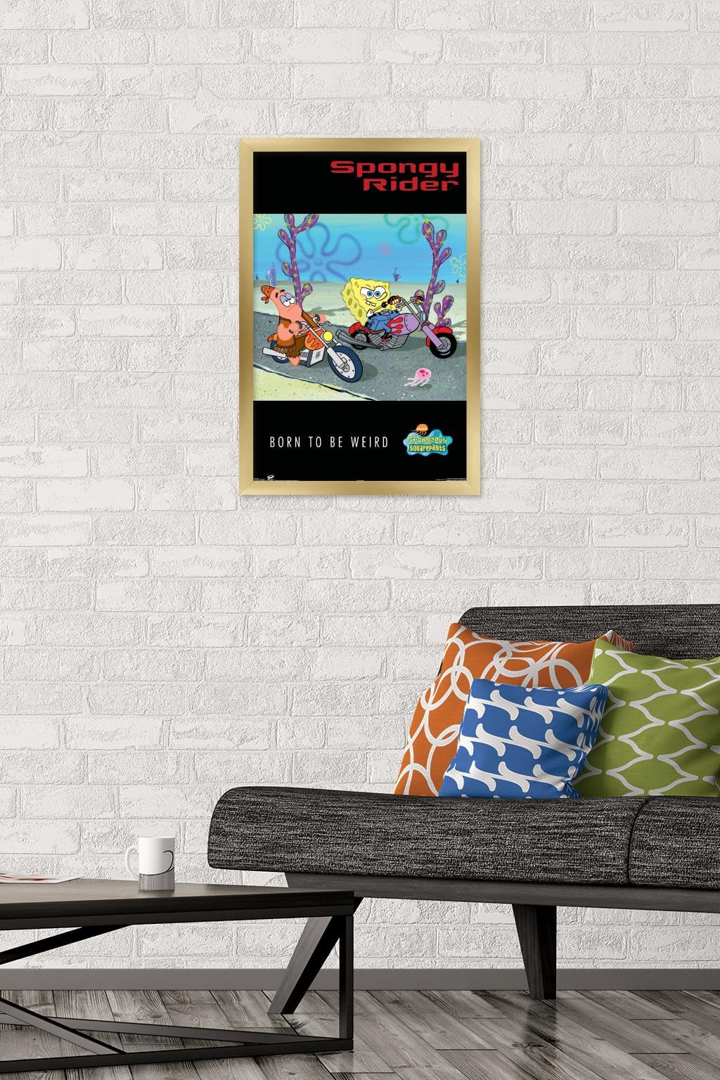 Trends International Nickelodeon SpongeBob SquarePants Biker Wall Poster - 14.725 x 22.375 Inches Gold Framed Art Print - Perfect for Kids' Room Decor, Teen Bedroom & Cartoon Lover Gifts