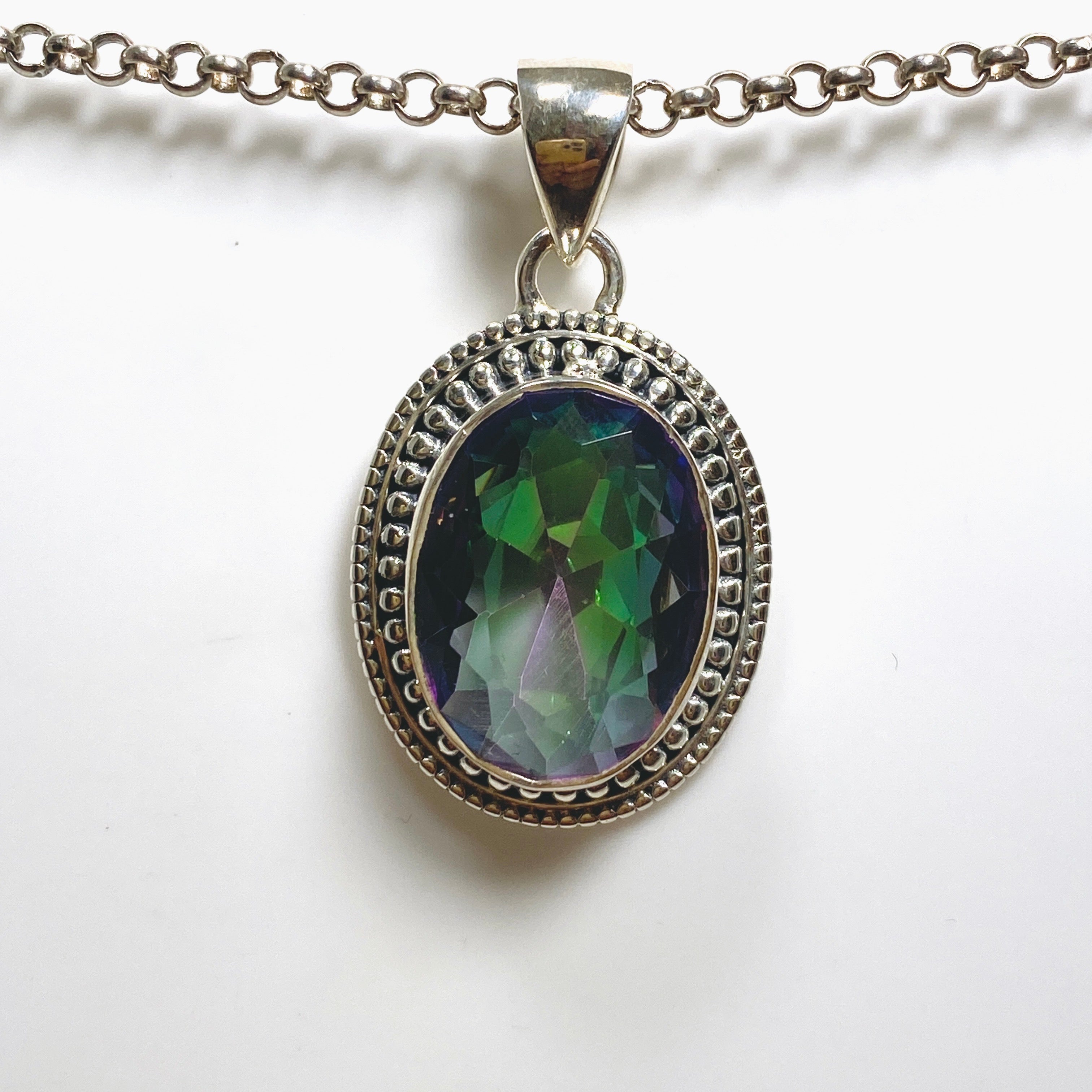 Natural Mystic Topaz Oval Faceted Boho Pendant Necklace - 925 Sterling Silver Jewelry - Perfect for Boho Chic Outfits & Special Occasions