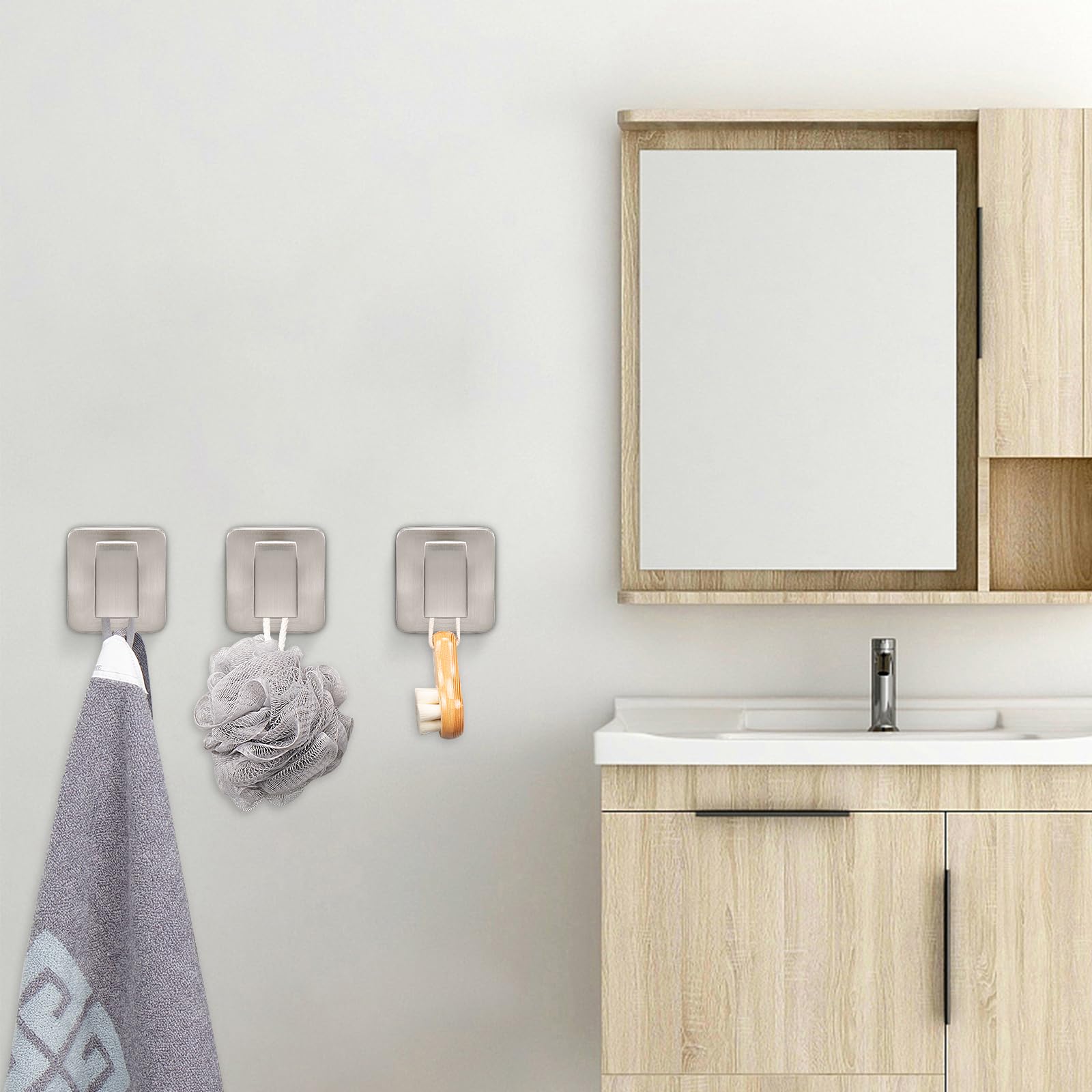 NearMoon 3-Pack Brushed Nickel SUS304 Stainless Steel Square Bath Towel Hooks - Heavy Duty Wall Mounted Coat Hangers for Bathroom, Living Room, Hotel, Kitchen & Garage - Perfect for Organizing Robes, Towels & Clothes