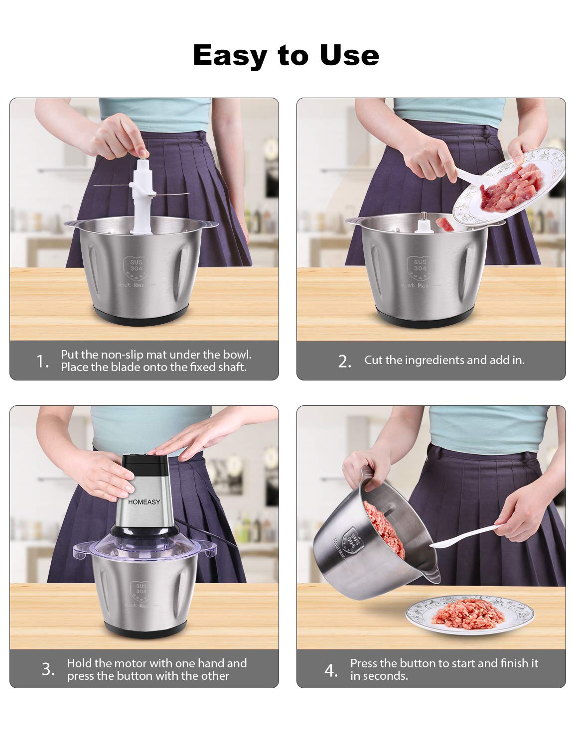 Homeasy 500W Electric Meat Grinder & Food Processor - 2.5L Stainless Steel Meat Blender with 4 Sharp Blades for Meat, Vegetables, Fruits & Nuts | Perfect for Home Kitchen, BBQ Parties & Meal Prep
