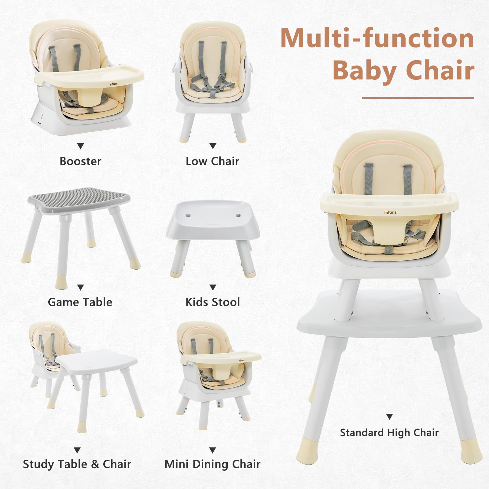 INFANS 8-in-1 Convertible Baby High Chair for Infants & Toddlers - Adjustable Dining Booster Seat, Building Block Activity Table, Kids Stool & Chair Set with Removable Tray | Perfect for Feeding, Playtime & Learning at Home or Daycare