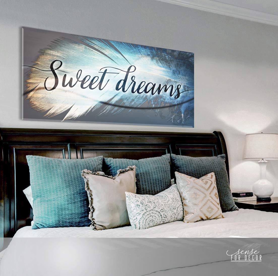 Feather Sweet Dreams Wall Art - Large Framed Canvas Print (42x19) for Master Bedroom Decor, Above Bed Wall Decor | Perfect for Home, Office & Gift Giving