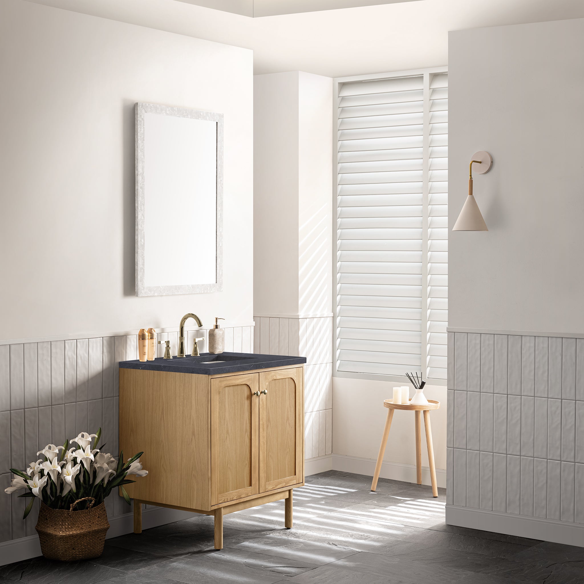 Laurent 30 Inch Single Bathroom Vanity with Light Natural Oak Finish and 3CM Charcoal Soapstone Top - Perfect for Modern Master Bathrooms & Powder Rooms