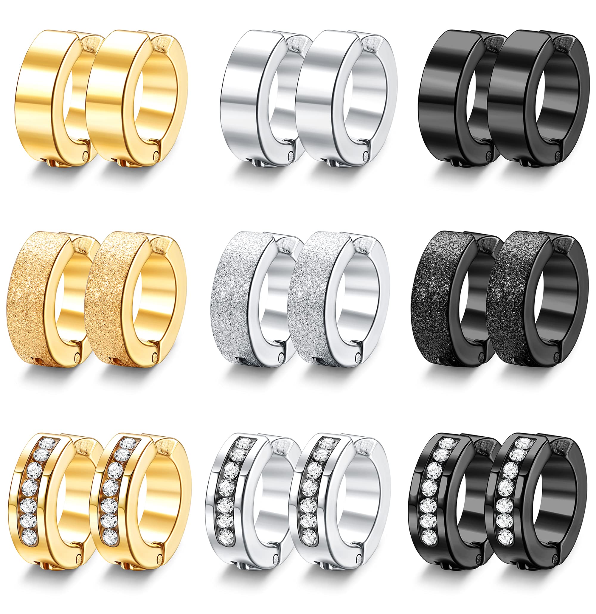FIBO STEEL 9 Pairs Non-Piercing Clip On Earrings for Men & Women - Stainless Steel Hoop Earrings with CZ Stones | Hypoallergenic, Comfort Wear for Sensitive Ears | Perfect for Work, Parties & Special Occasions