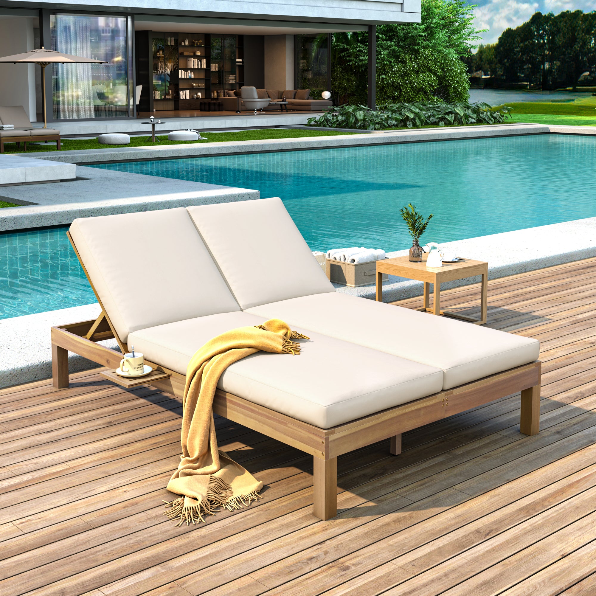 5-Position Adjustable Backrest Outdoor Chaise Lounge Daybed with Cushion & Folding Side Trays - Patio Poolside Garden Furniture for 2 People - Perfect for Sunbathing, Relaxing by the Pool or Backyard Lounging
