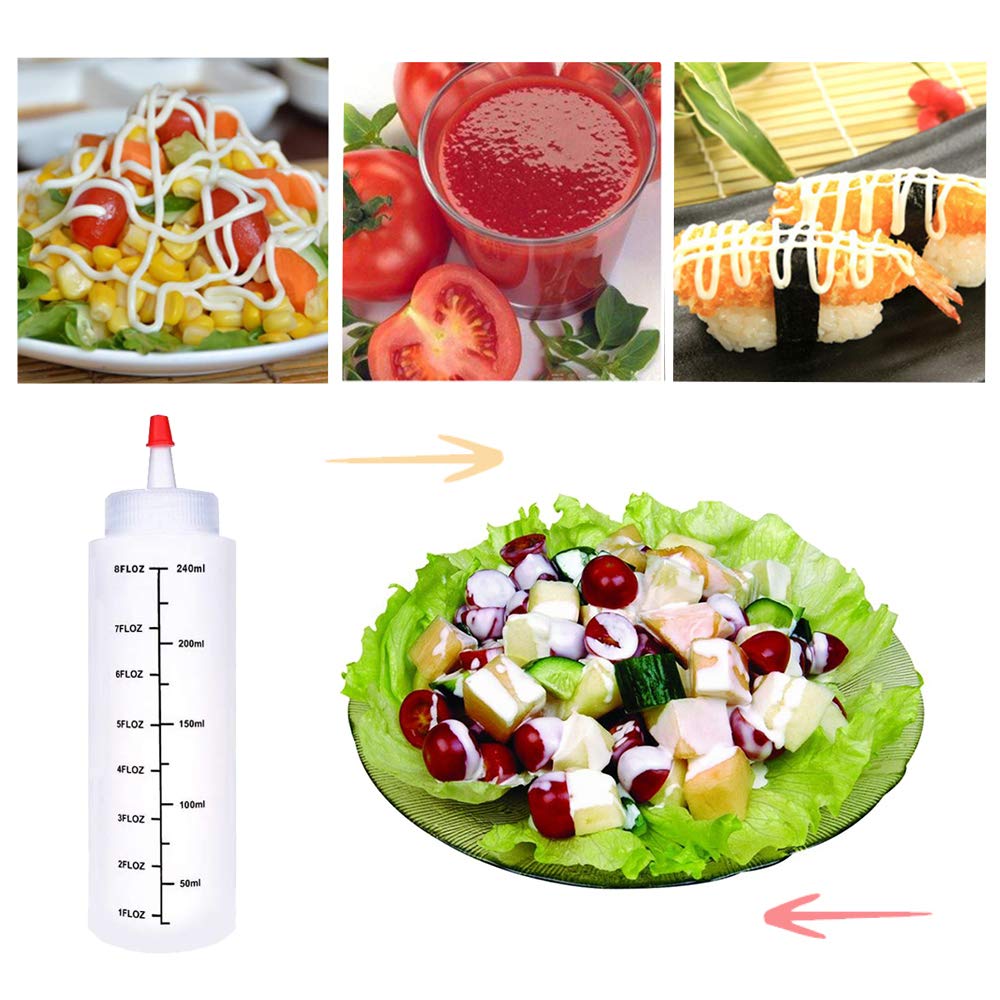 12 Pack 8 oz/240 ml Plastic Squeeze Bottles with Red Tip Cap & Black Scale - Durable Polyethylene Squirt Bottles for Ketchup, Sauces, Syrup, Dressings, BBQ | Perfect for Kitchen, Restaurants, Baking, Crafts & DIY Projects