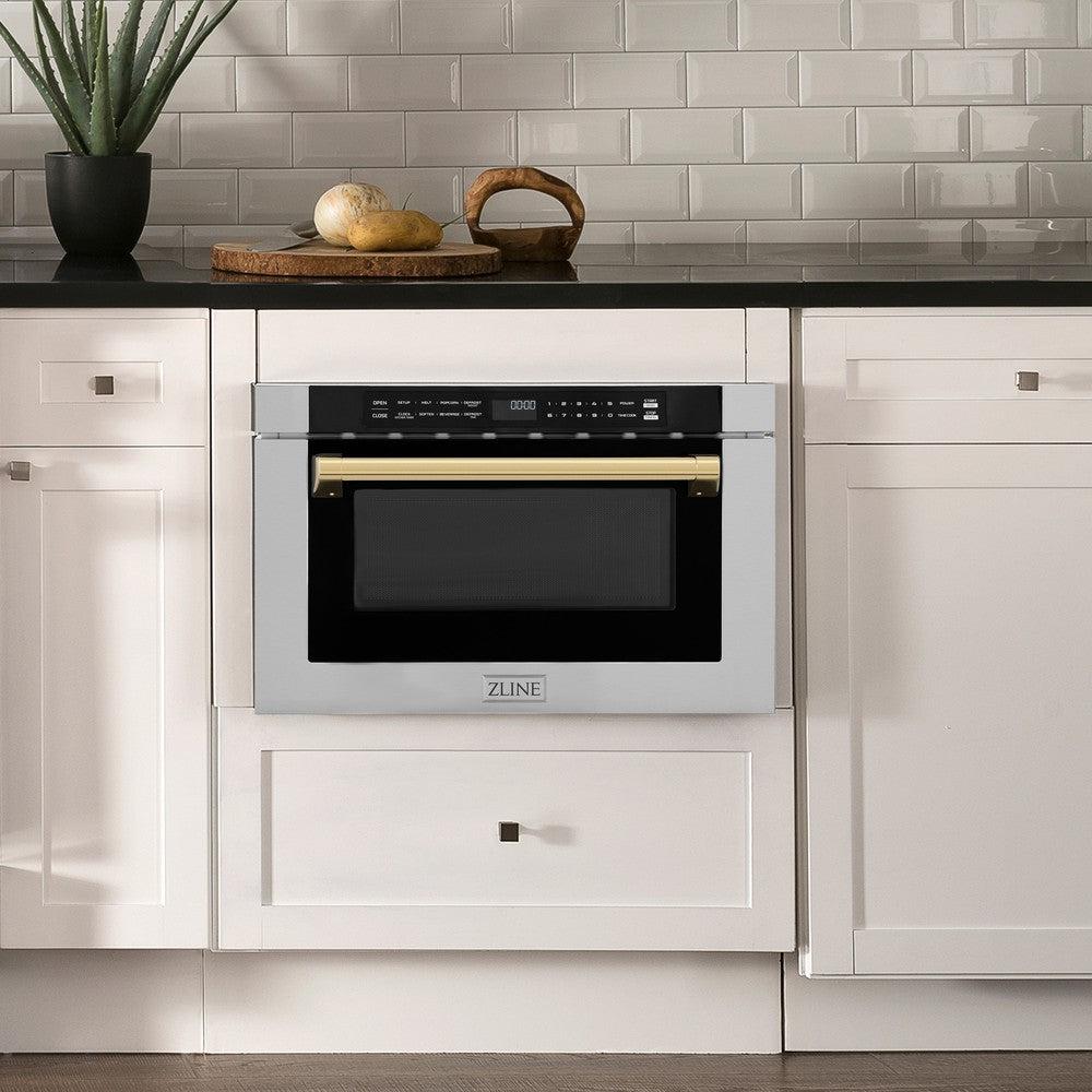 ZLINE Autograph Edition 24-Inch Built-In Microwave Drawer - 1.2 cu.ft Stainless Steel with Polished Gold Accents - Perfect for Modern Kitchens & Luxury Home Renovations (MWDZ 1 H G)
