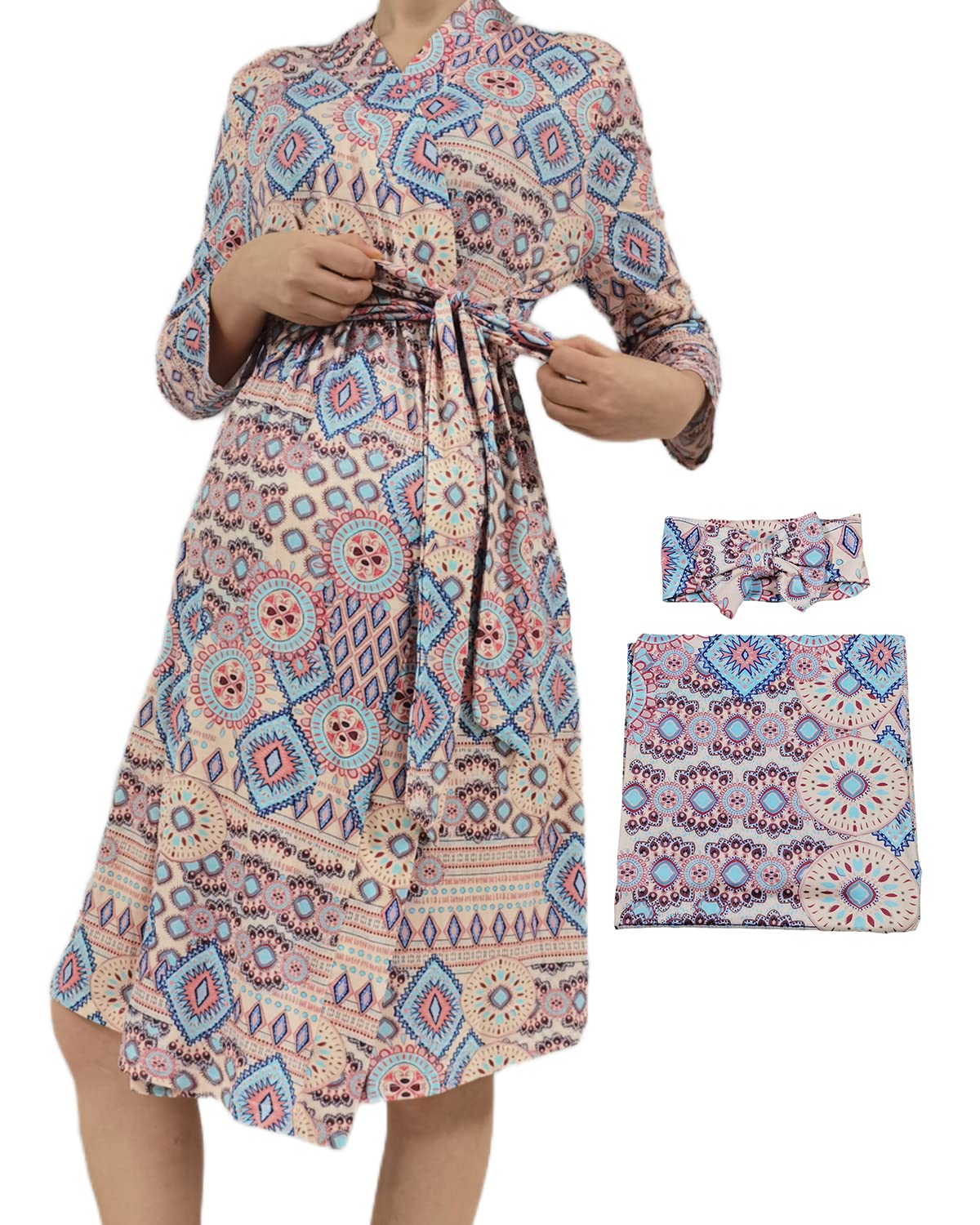 Maternity Nursing Robe for Women - 3-in-1 Pregnancy Hospital Gown, Breastfeeding & Delivery Nightgown with Matching Swaddle Set | Comfortable Mommy Robe for Labor, Postpartum Recovery & Nursing at Home