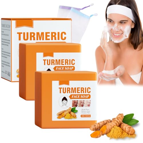 Organic Turmeric & Seamoss Brightening Soap Bar - Natural Face & Body Cleanser for Glowing Skin, Anti-Aging & Dark Spot Treatment - 2 Soaps + 2 Bubble Nets - Perfect for Daily Skincare Routine & Spa Day at Home