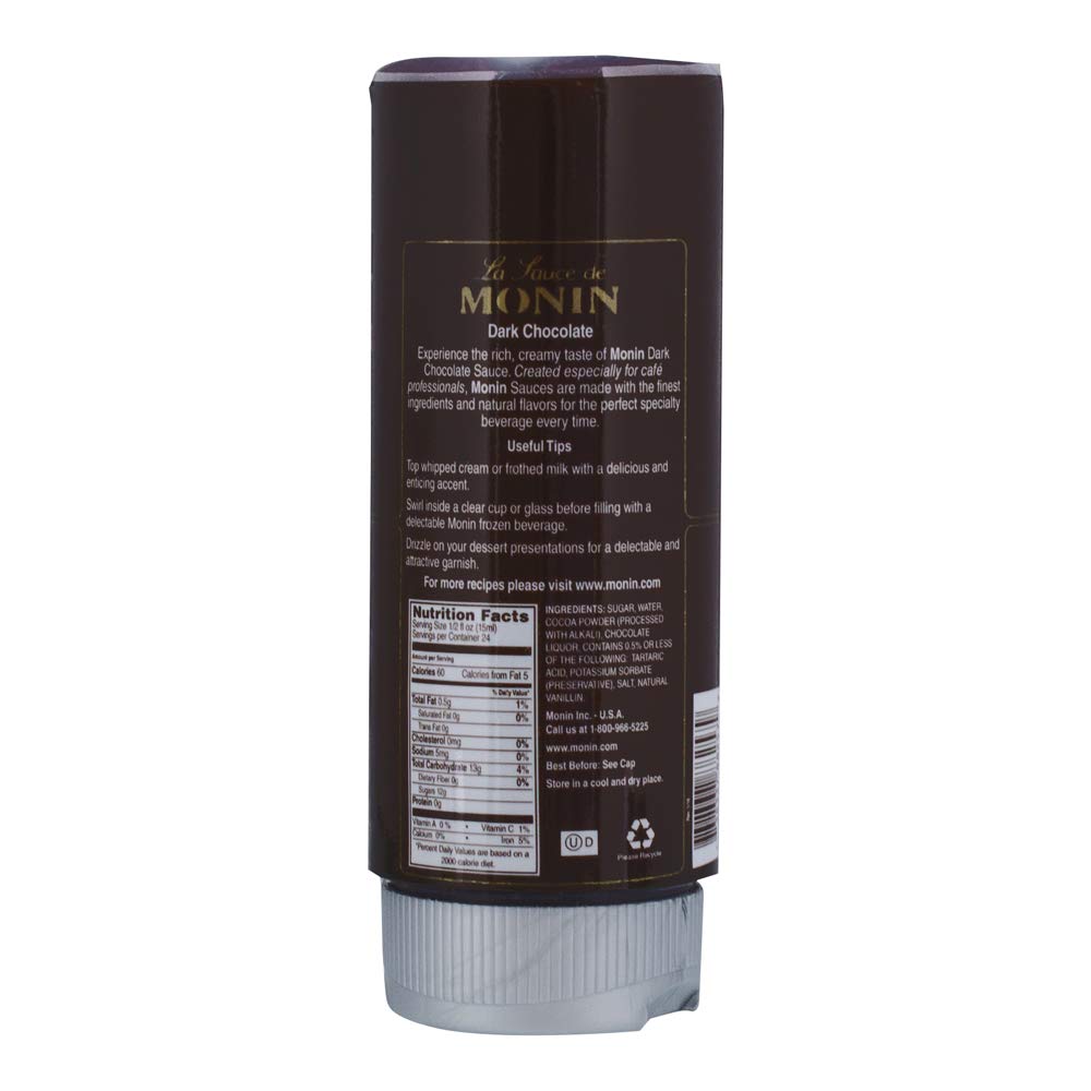 Monin Gourmet Dark Chocolate Sauce - Velvety Rich Gluten-Free Non-GMO Dessert Topping (12oz) Perfect for Ice Cream, Coffee, Pancakes & Baking