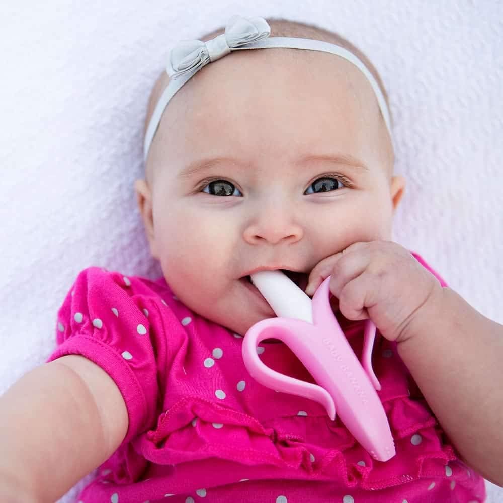 Kritiu Banana Shape Baby Brush & Pacifier Set - Soft Silicone Teething Toy for Infants | BPA-Free, Non-Toxic & Easy to Clean | Perfect for Soothing Sore Gums & Oral Care (Pink & Green) | Ideal for Newborns, Travel & On-the-Go Parenting