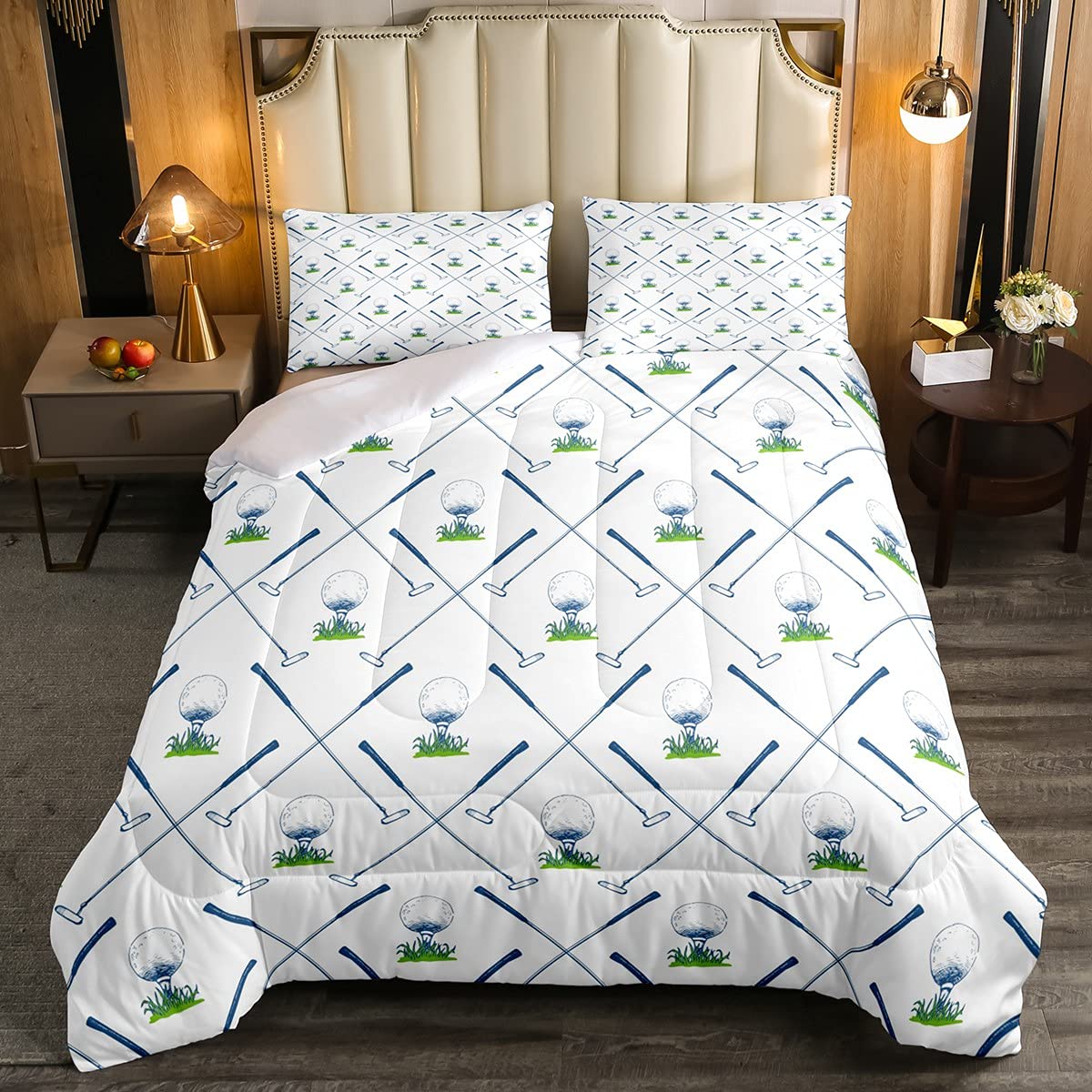 Erosebridal Twin Size Golf Club Comforter Set - Sport Themed Bedding with Grass Leaf Design, 2 Piece Set Includes 1 Pillow Case (White) - Perfect for Golf Enthusiasts, Athletes & Men's Bedroom Decor