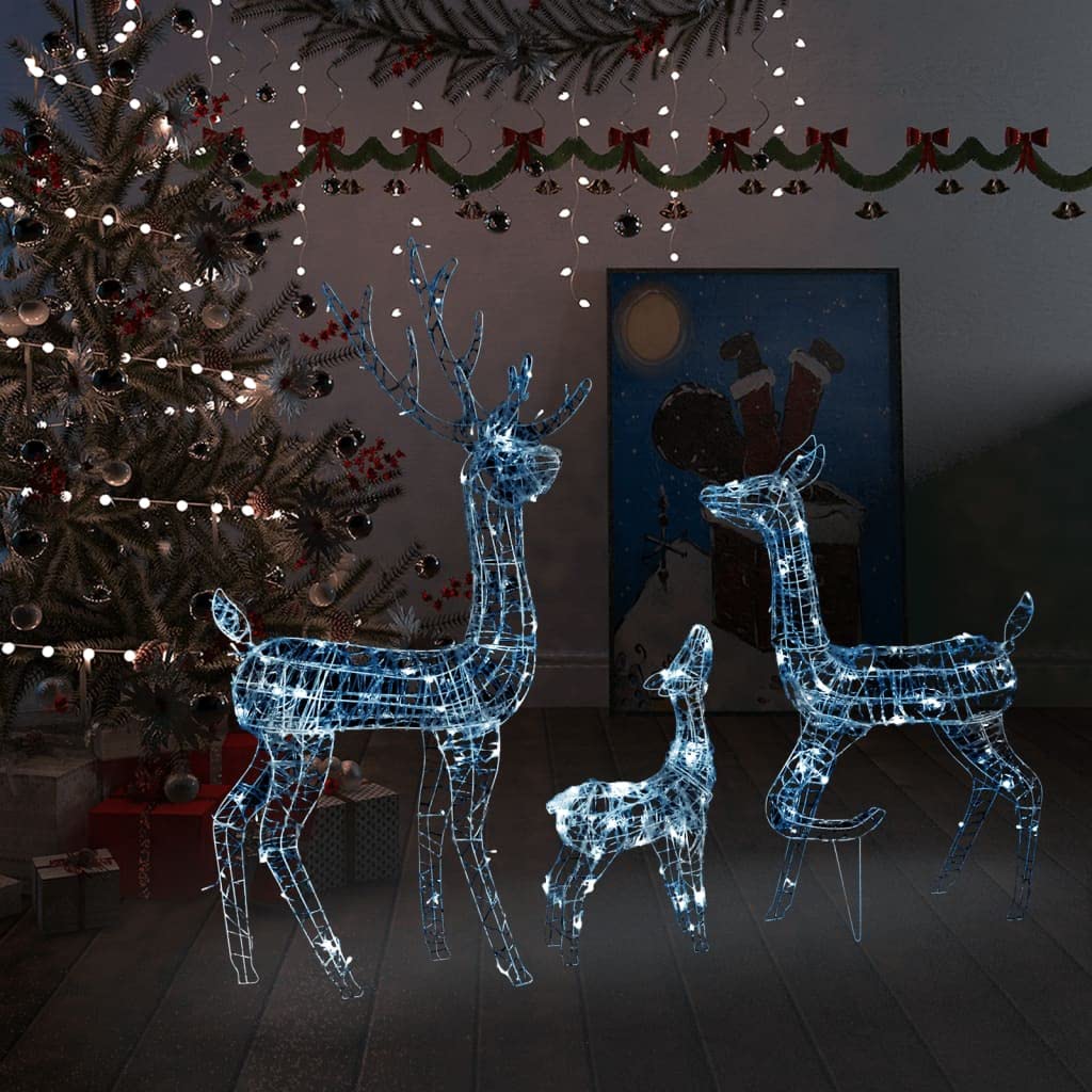 WELLIKEA Acrylic Reindeer Family Christmas Decorations - 300 LED Cold White Lights for Indoor Outdoor Holiday Party Decor, Home, Office, and Garden Festive Lighting