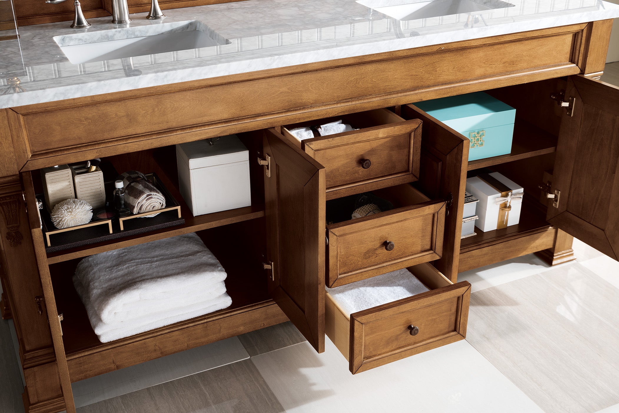 Brookfield 72-Inch Double Vanity with Country Oak Finish & 3CM Carrara Marble Top – Perfect for Master Bathroom & Luxury Home Renovation