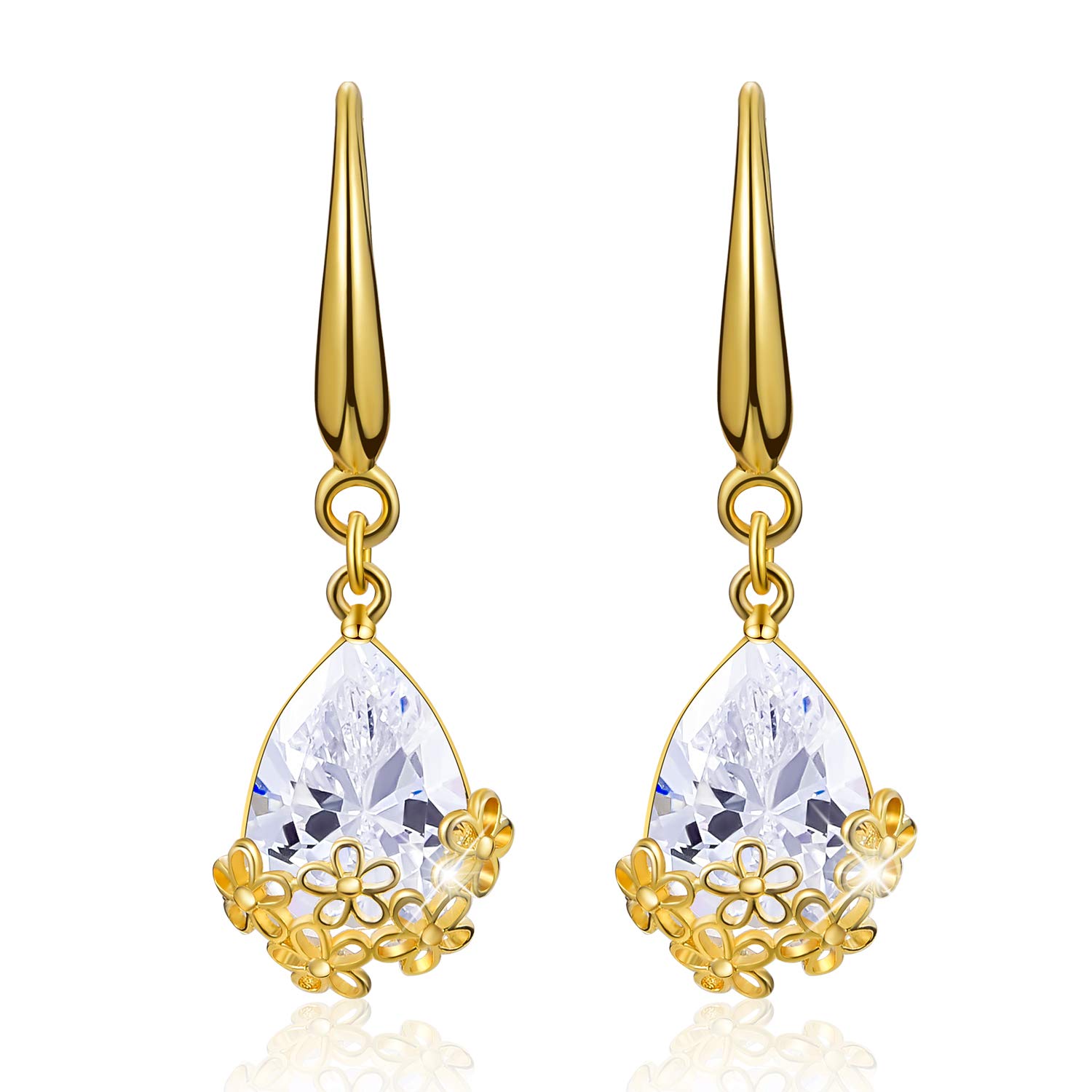 18K Gold Plated Floral Teardrop Earrings - Elegant Plum Blossom Crystal Dangle Hoop Earrings for Women, Christmas Gift Jewelry with Gift Box (Perfect for Parties, Weddings & Date Nights)