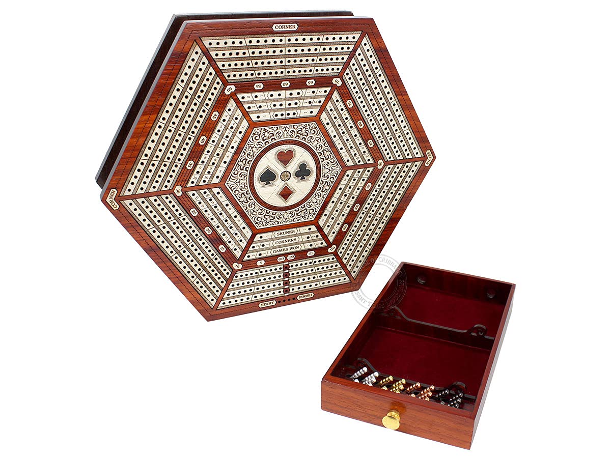 Premium Hexagonal Cribbage Board with 4 Continuous Tracks, Storage Drawer & Score Marking Fields - Blood Wood/White Maple - Perfect for Family Game Nights & Travel Entertainment