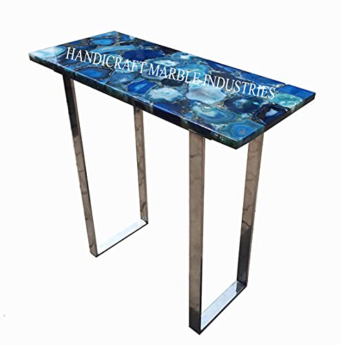 36 x 12 Inch Blue Agate Table Top - Natural Stone Dining Table & Console Table with Metal Stand - Perfect for Living Room, Entryway, or Luxury Home Decor