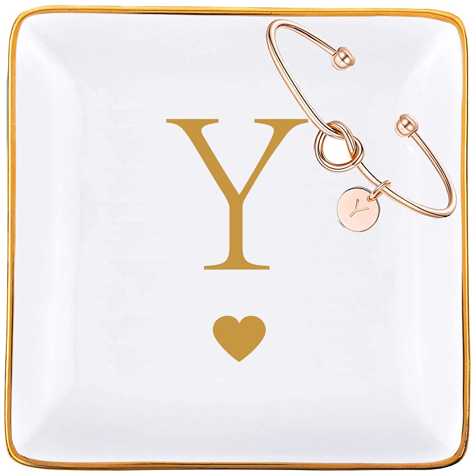 Personalized Ceramic Jewelry Tray & Rose Gold Initial Bracelet Gift Set for Women - Engraved Ring Dish, Key Bowl Holder with Gold Monogram - Perfect Birthday, Bridesmaid, Mother's Day Gift for Her, Mom, Grandma, Daughter, Sister (Letter Y) - Great for Jewelry Organization & Thoughtful Present Giving