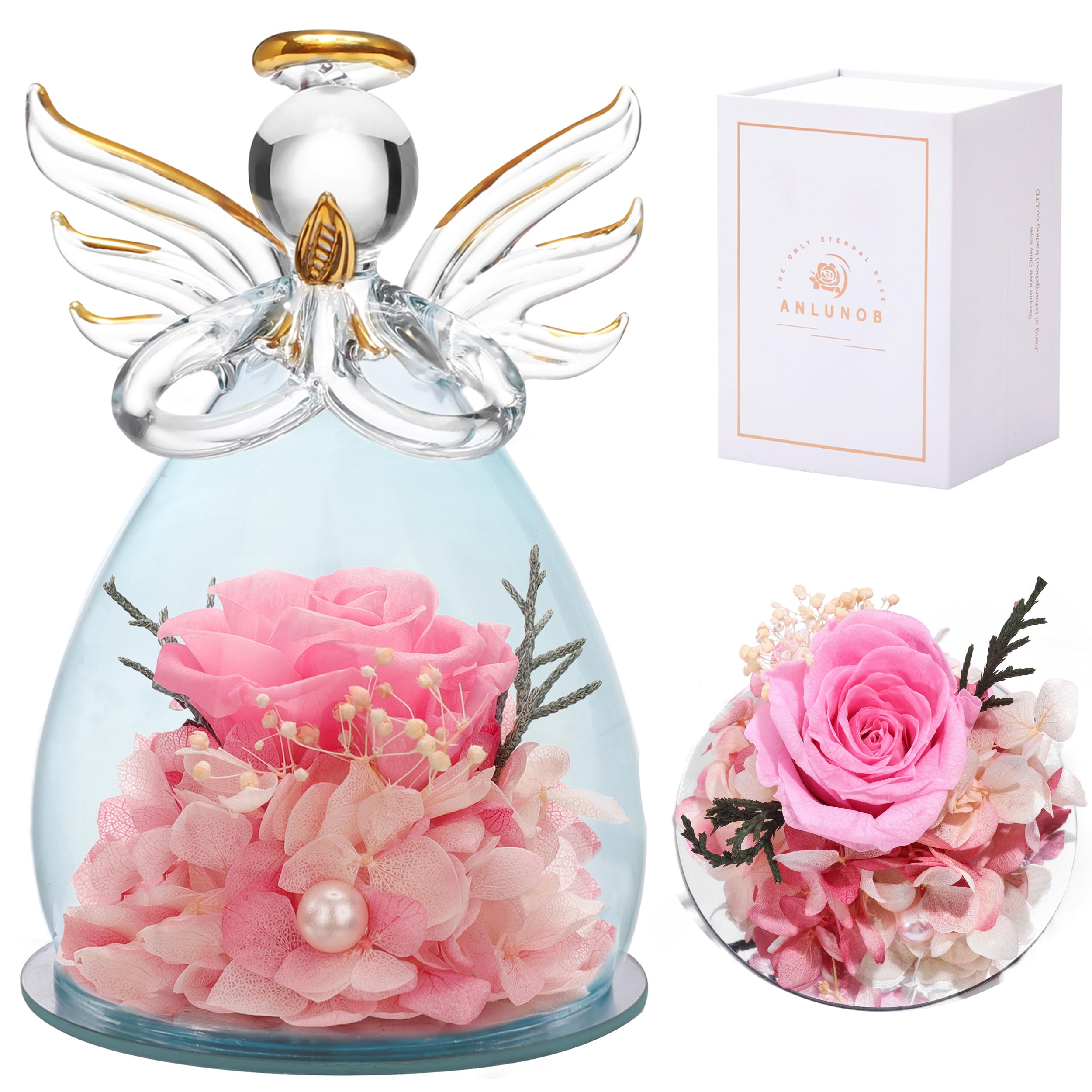 ANLUNOB Preserved Rose in Glass Dome with Angel Figurine - Romantic Birthday Gift for Women, Wife & Girlfriend | Eternal Pink Rose Flower Keepsake for Home Decor, Wedding Anniversary & Valentine's Day Present
