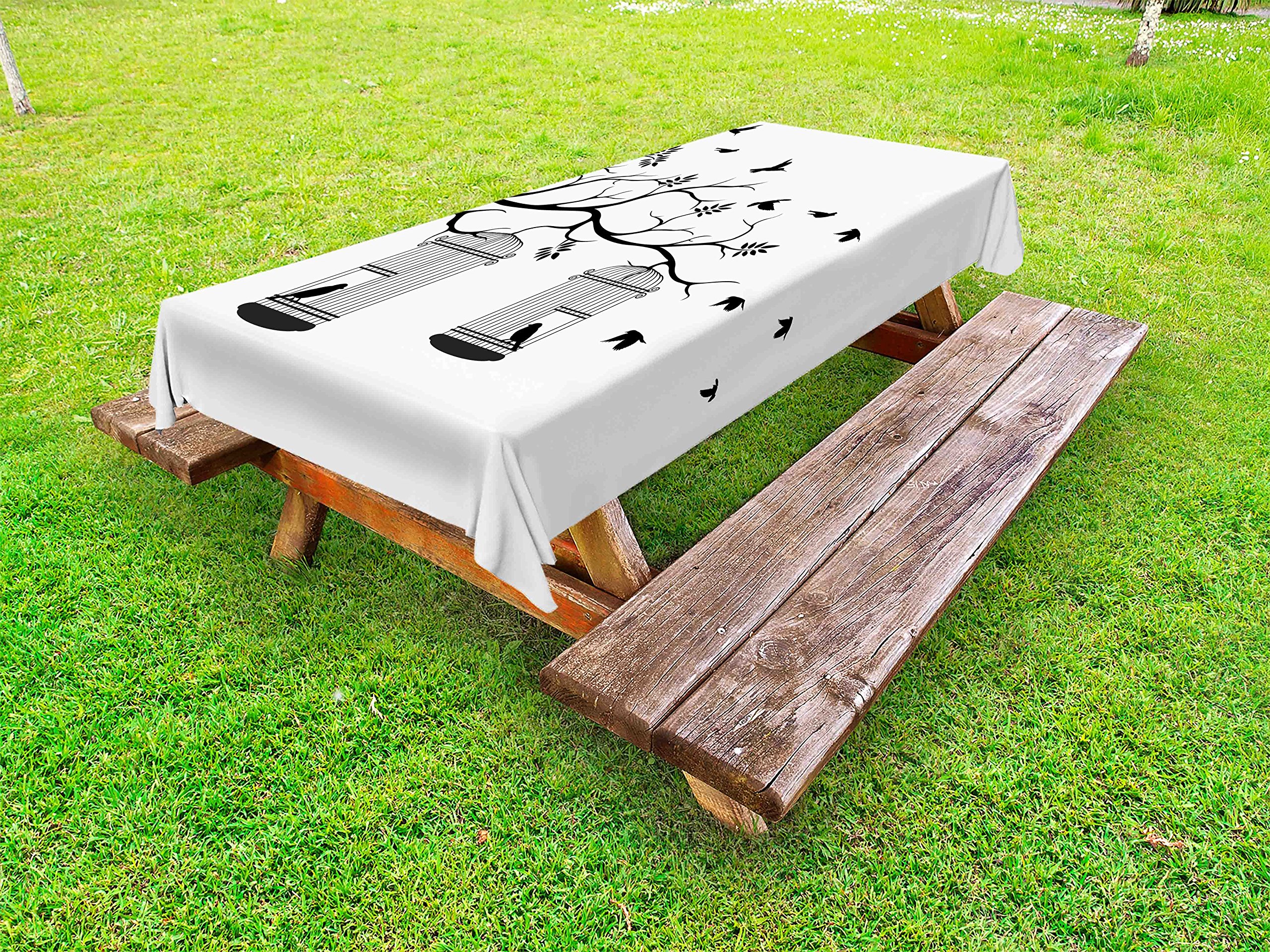 Ambesonne Black and White Nature Outdoor Tablecloth - Modern Romantic Birds Cages Branches Leaves Art Print - Washable Picnic Table Cover 58x104 Inches - Perfect for Garden Parties, BBQs, and Outdoor Dining
