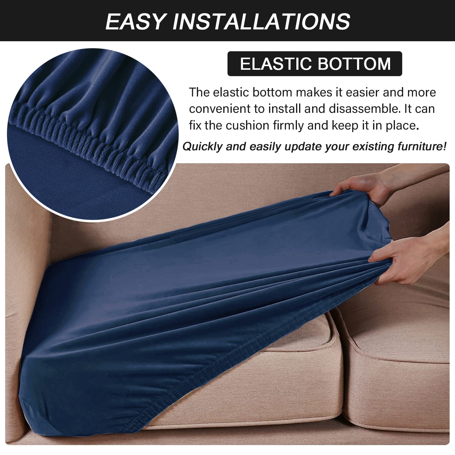 Ultra Soft Velvet Stretch Couch Cushion Covers - Elastic Bottom Furniture Protector Slipcovers for Sofa, Chair & Loveseat (Medium, Navy) | Home Decor, Living Room Upgrade & Pet-Friendly Furniture Protection
