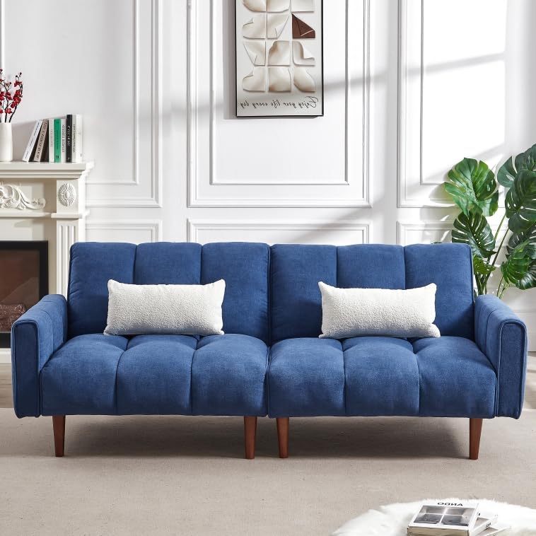 Modern Convertible Futon Sofa Bed - Adjustable Fabric Linen Upholstered Sleeper Couch with 2 Pillows | Space-Saving Solution for Small Apartments, Living Rooms & Studio Homes (Dark Blue) | Perfect for Guest Sleeping, Lounging & Multi-Functional Spaces