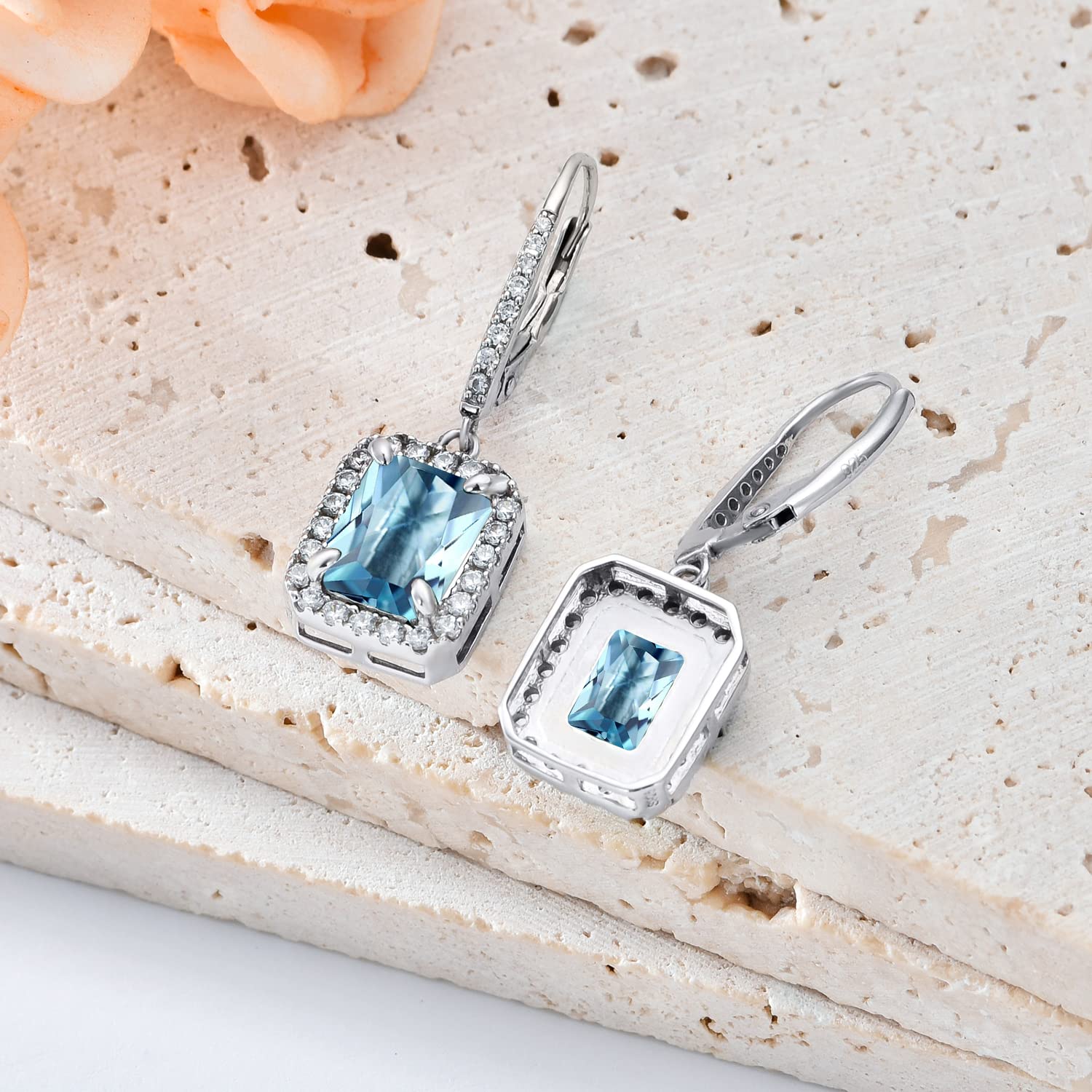18K White Gold Plated S925 Sterling Silver 9x7mm Emerald Leverback Dangle Earrings for Women - Perfect Birthday, Anniversary & Mother's Day Gifts for Her, Mom & Ladies - Elegant Jewelry for Parties, Weddings & Special Occasions