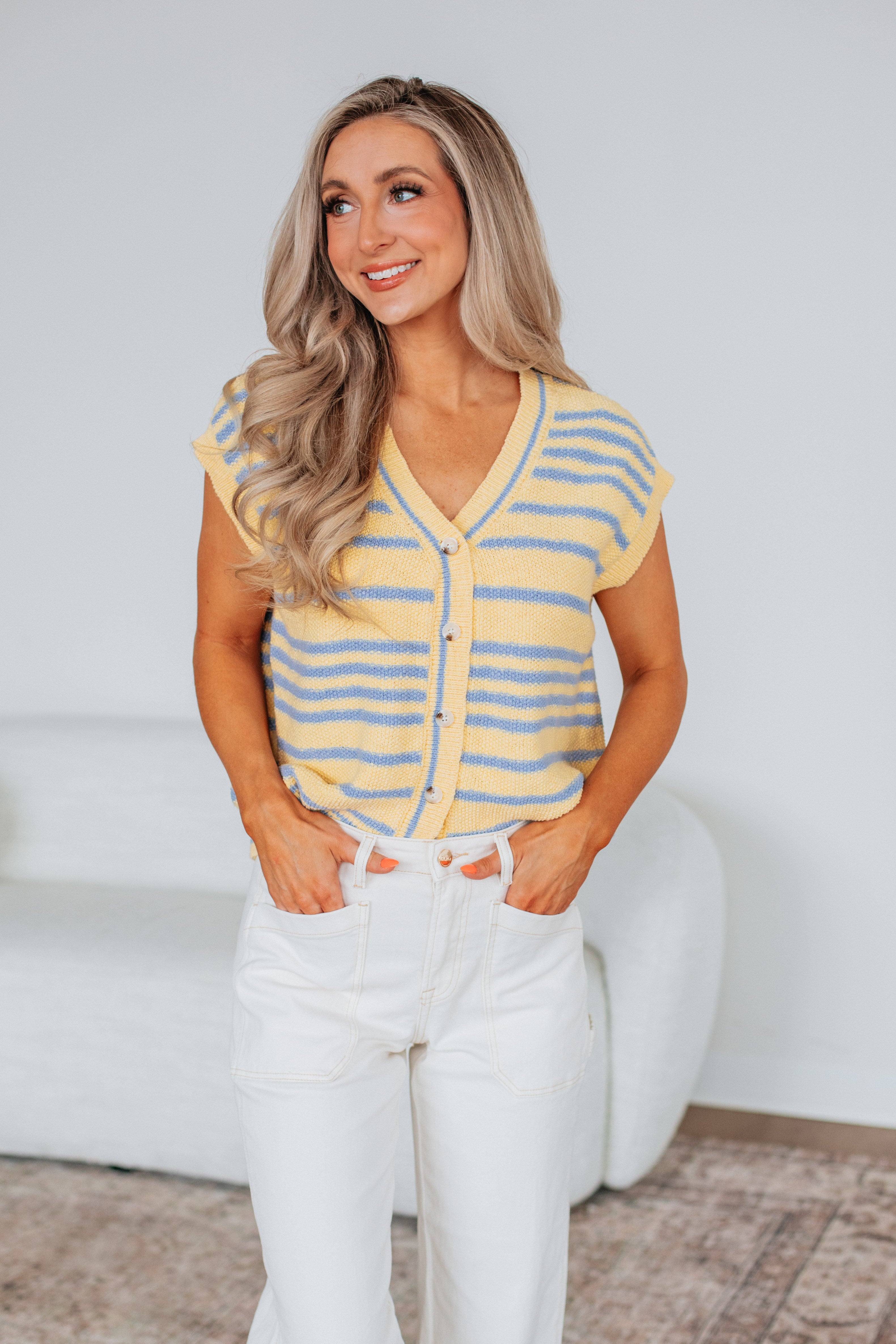 Charleston Sweater Top - Lemon Mix Color Women's Knit Pullover for Casual Wear & Fall Fashion